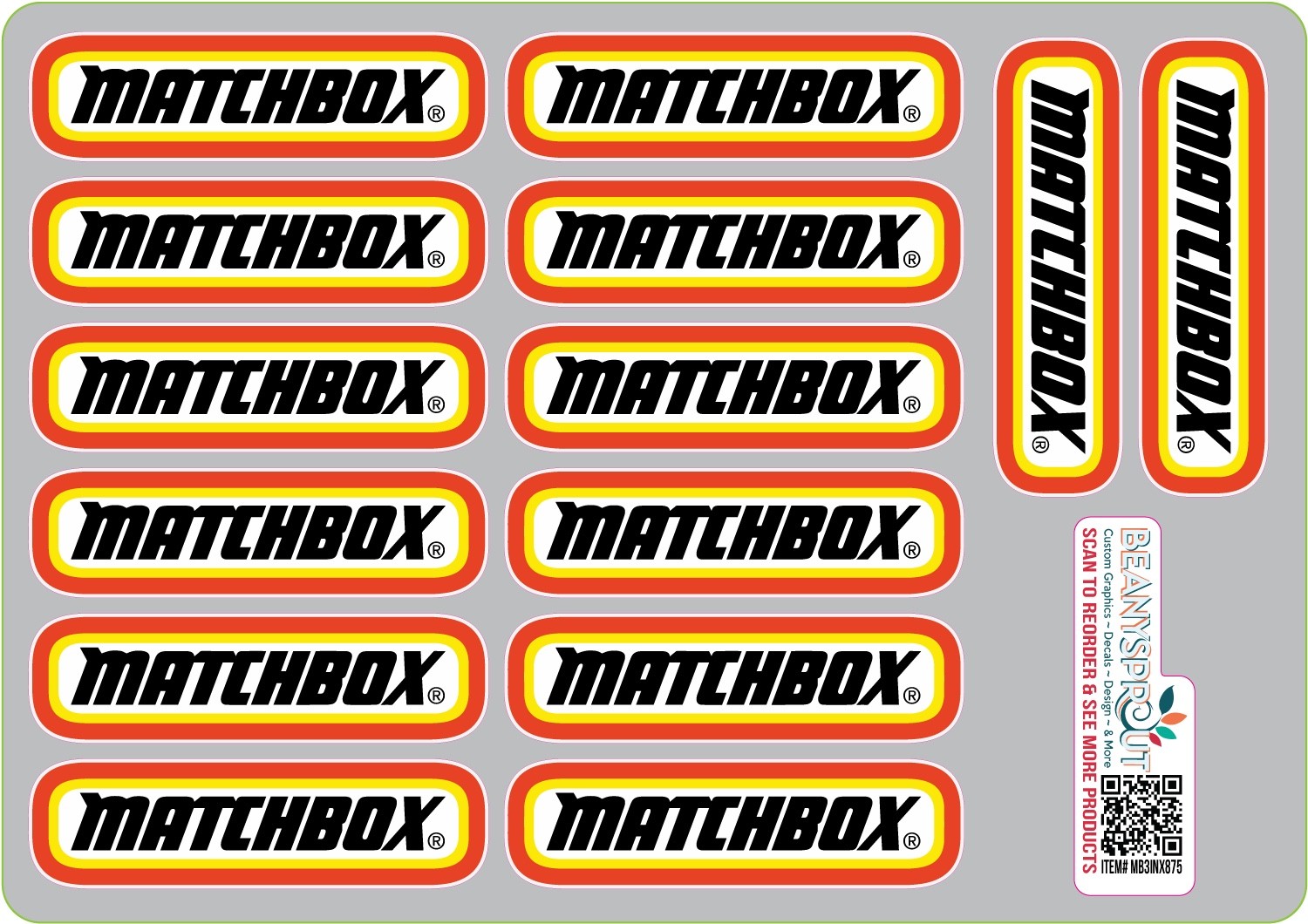Matchbox logos 3" long sheet of 14 decal stickers