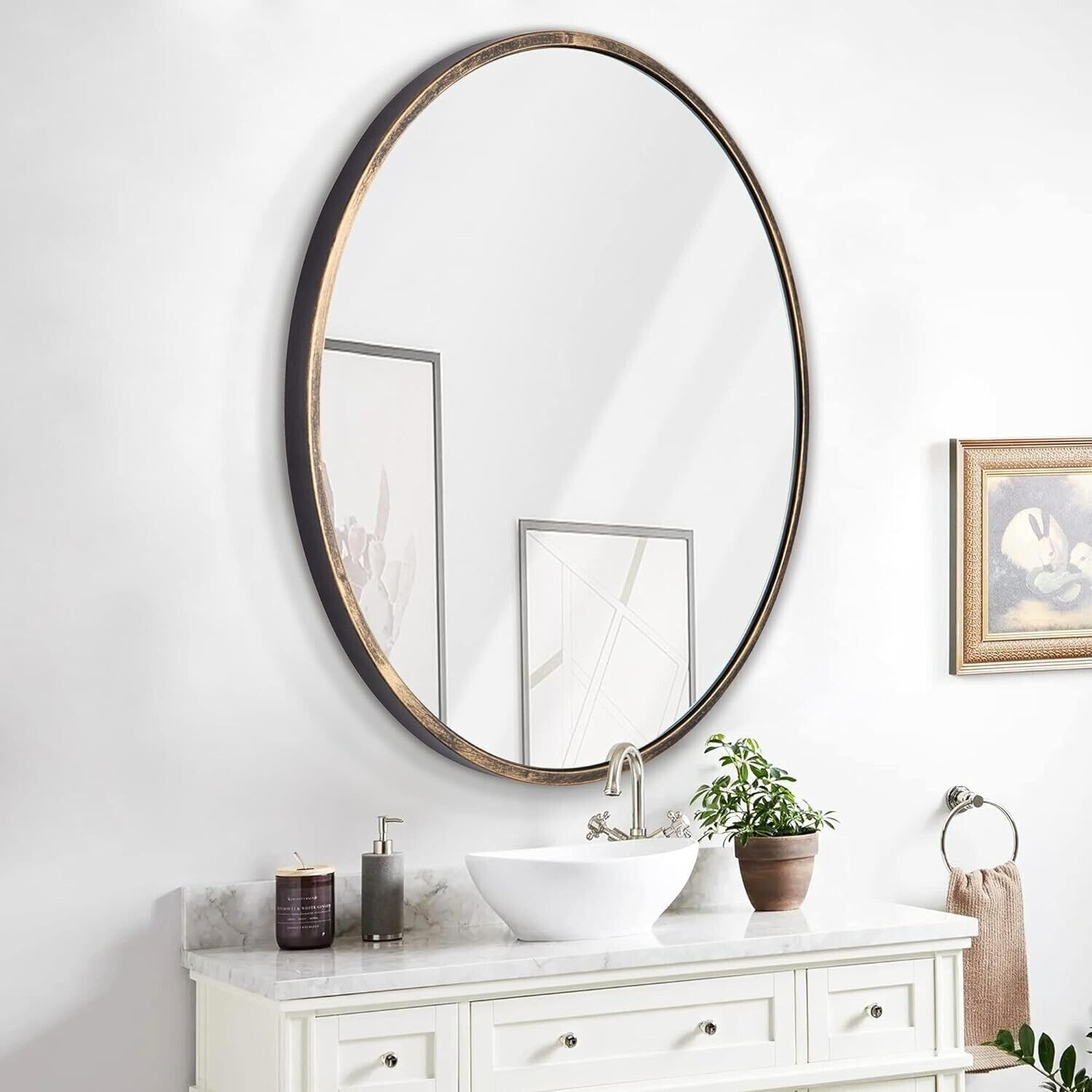 Round Wall Mirror Bronze 24 Inch -Circular Metal Framed Wall Mounted Mirror B043