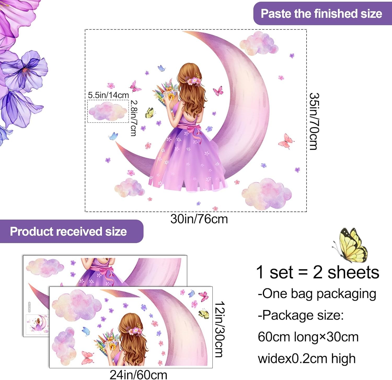 3D Princess Wall Decals Purple Butterfly Moon Clouds DIY Stickers for Girls