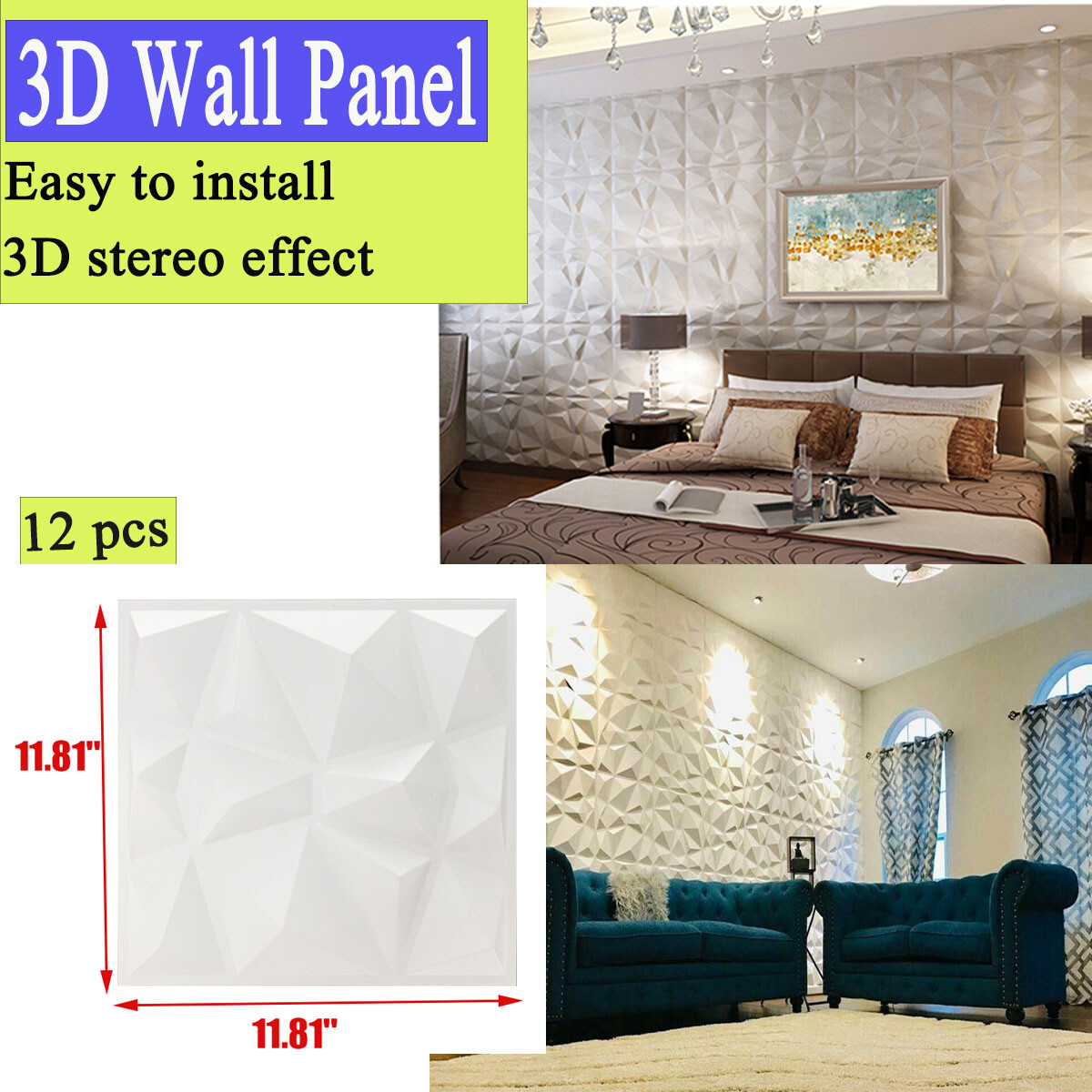 12pcs 3D Wall Decor 3D Wall Panels PVC 3D Wall Decoration Home DIY 11.8"(30cm)