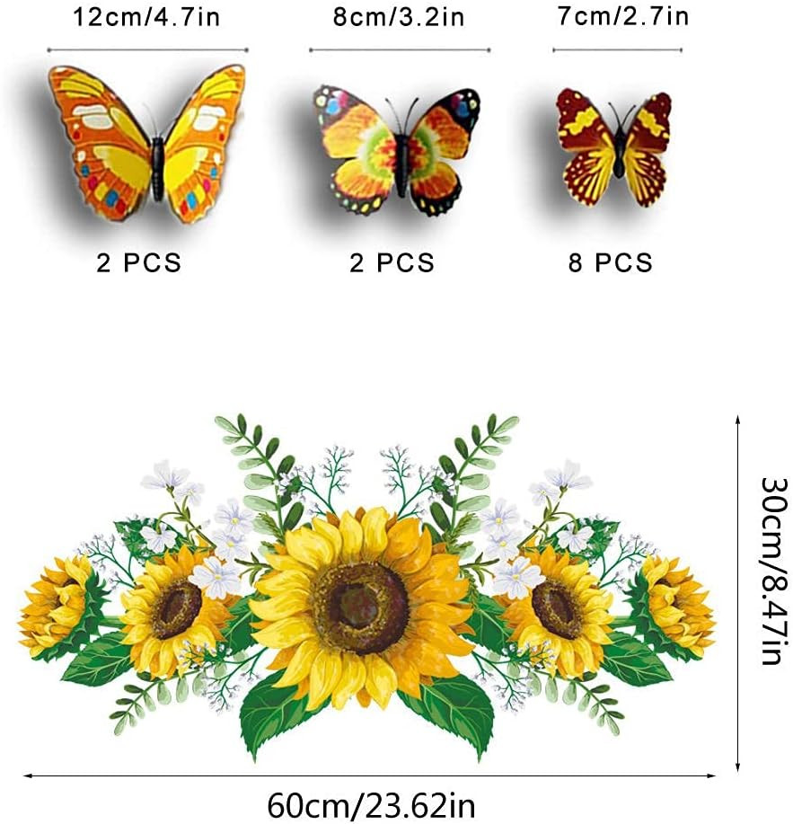 Sunflower Wall Stickers 3D Butterfly Yellow Floral Removable Waterproof Decor