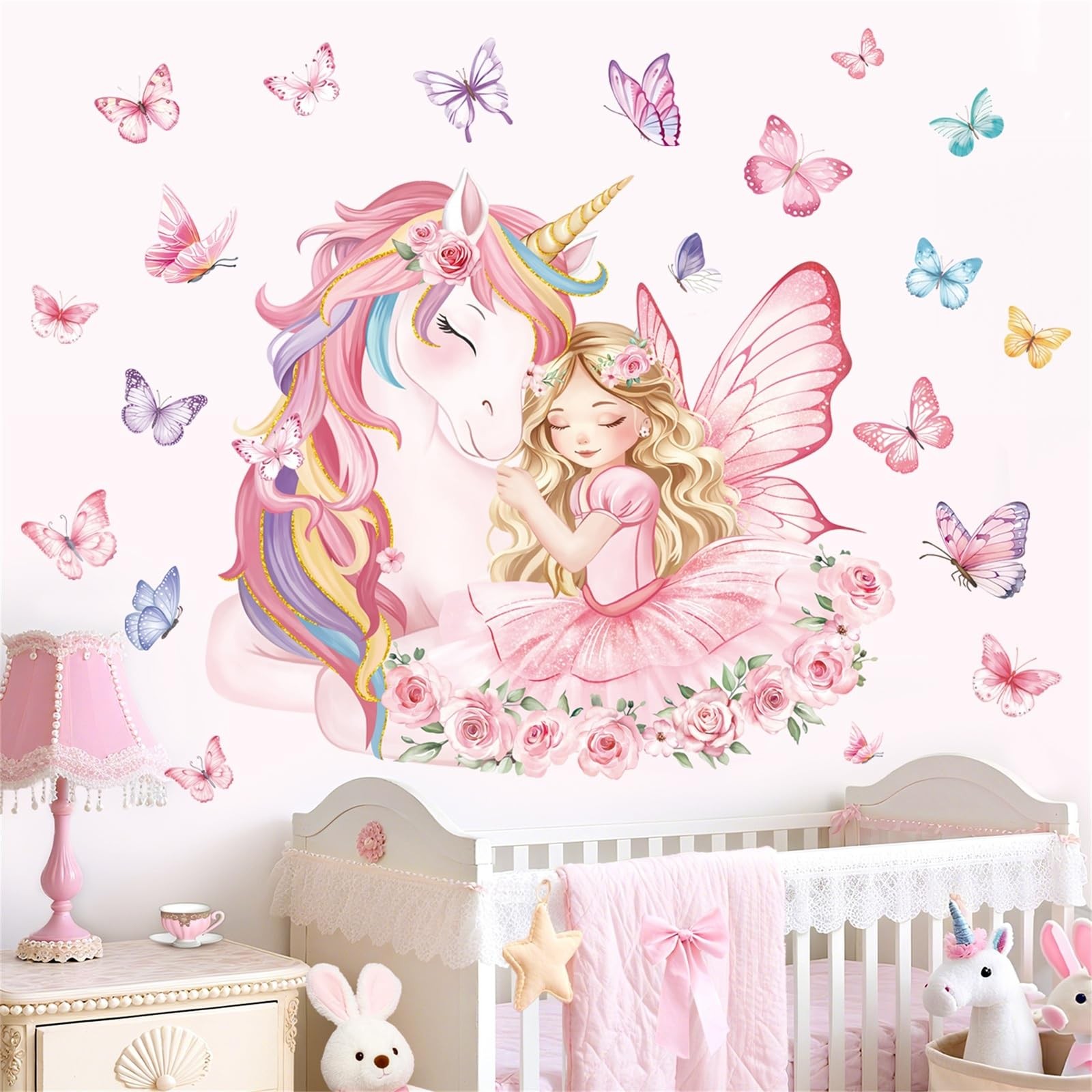 Large Unicorn Wall Stickers Pink Fairy Girl Butterfly Wall Decals Baby Nurser…