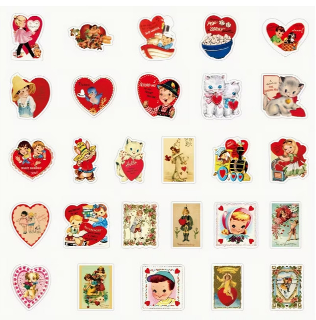 50 PC PACK RETRO VALENTINE'S DAY STICKERS VINTAGE LOOK LAPTOPS PHONES CRAFTS