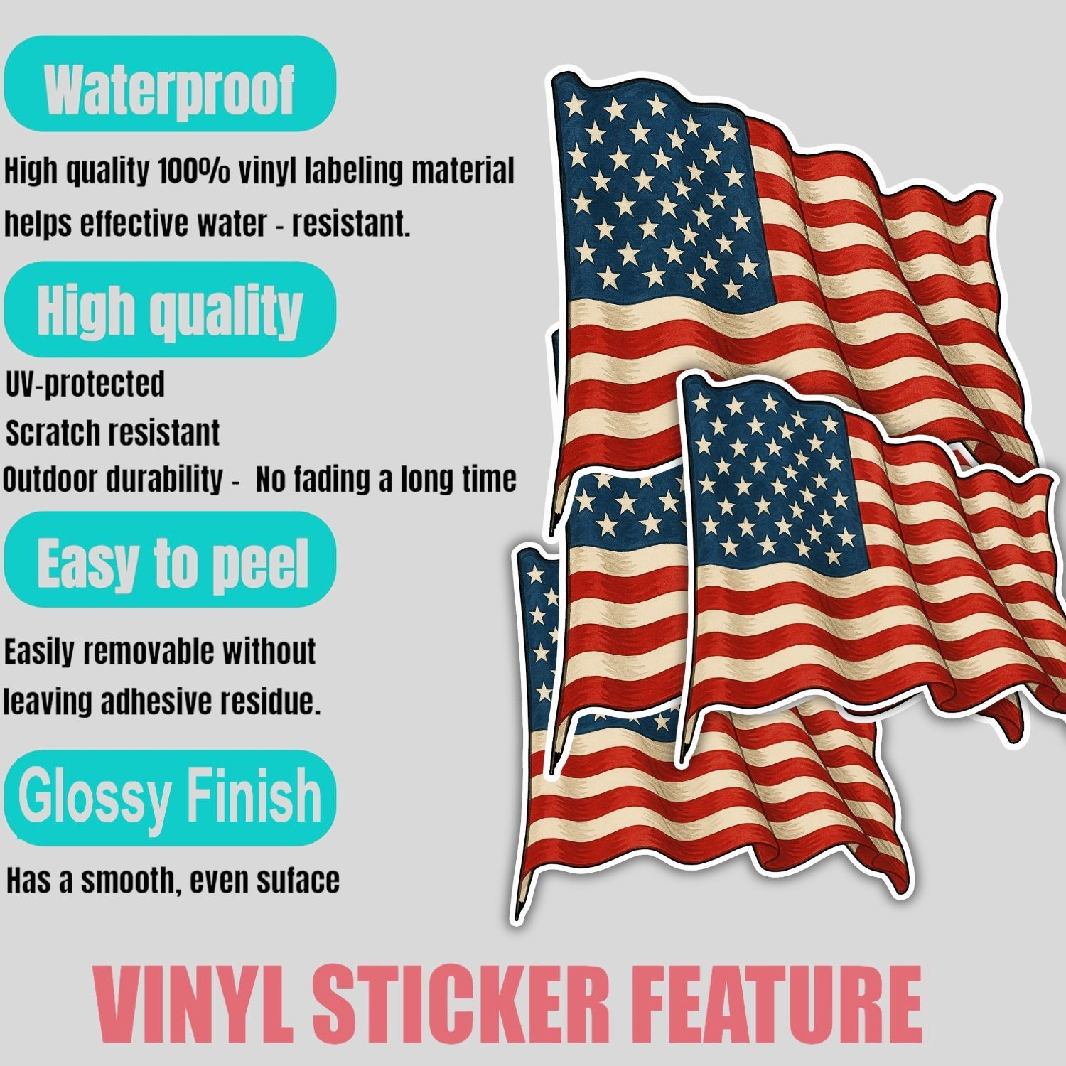 4PCS Waving American Flag Stickers – Patriotic USA Stars and Stripes Vinyl Decal