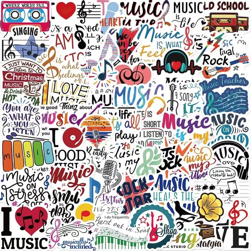 Variety Pack of 50 Waterproof Music Vinyl Stickers for Laptops, Cars & More