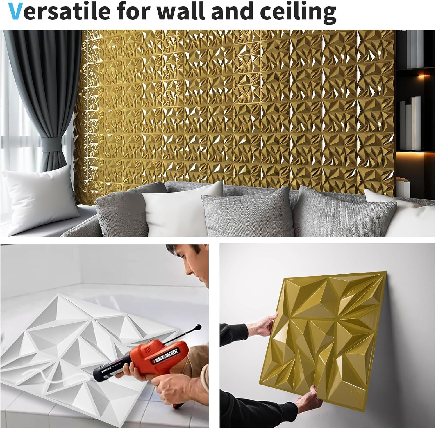 3D Wall Panels Gold 33 Pack Diamond Textured Accent Wall Panels Gaming Room TV