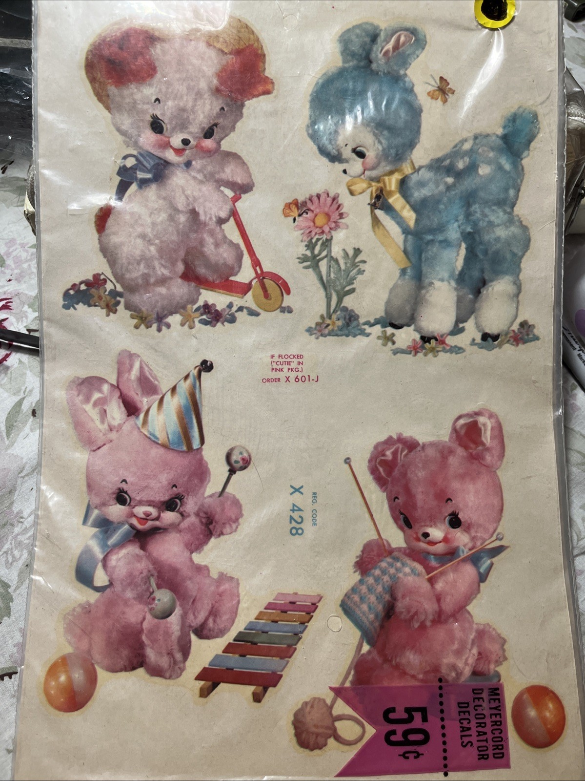 Vtg Meyercord Cute Plush Animals Decals MCM Wall Decor BUNNY BEAR LAMB New OS