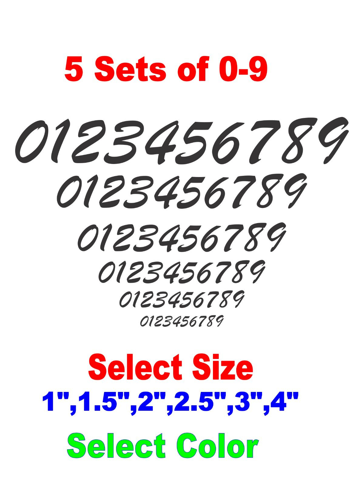 0-9 Numbers 50 ea Brush Script Vinyl Sticker Decals FN1 – Select Color & Size