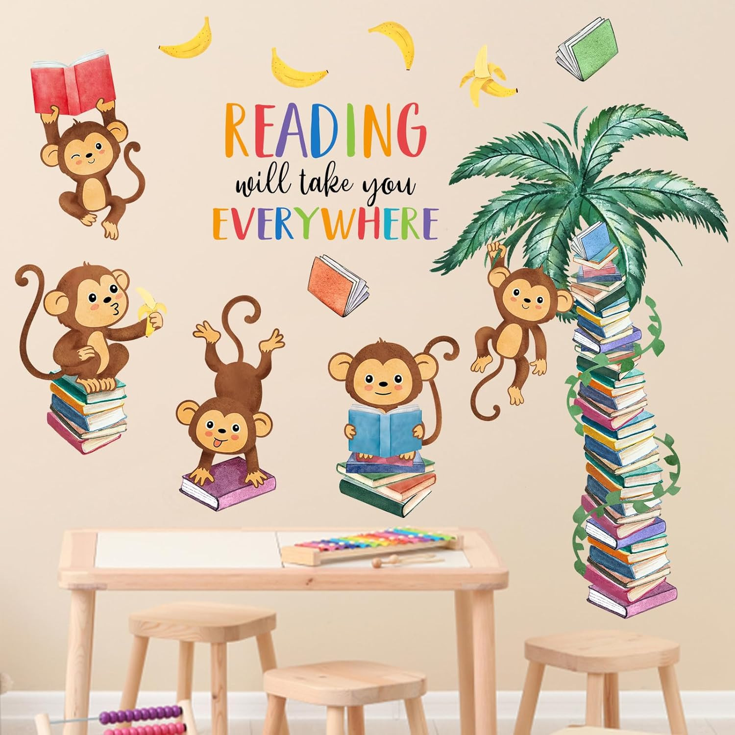 Monkey Reading Book Wall Decals Stickers, Reading Will Take You Everywhere Nurse