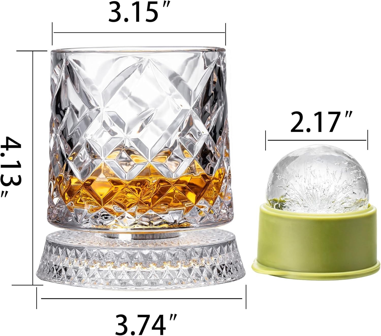 Spinning Whiskey Glasses Set of 4 with Iceball Molds, 9.5Oz Lead-Free Rotatable
