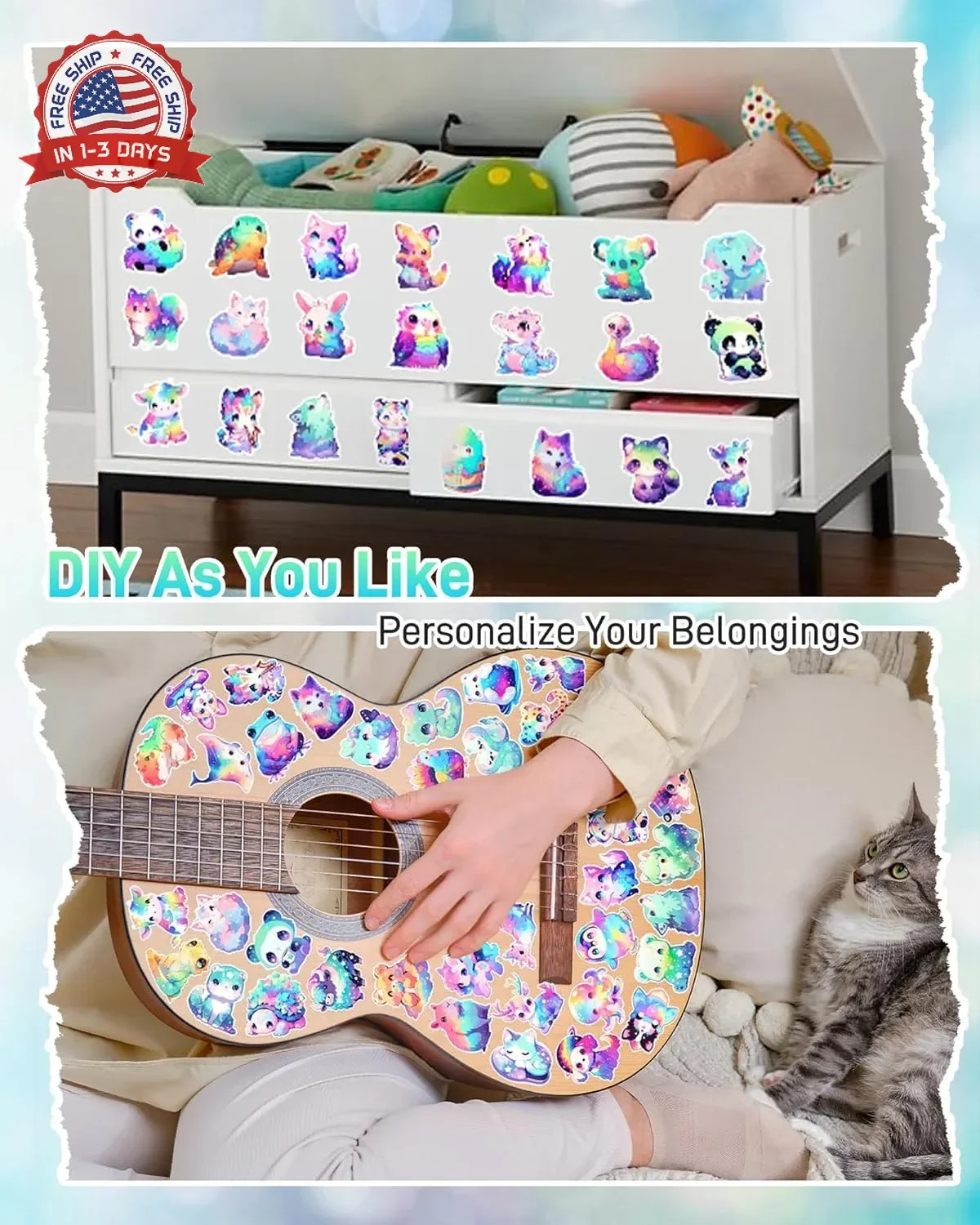 100 Pcs Cute Rainbow Animal Stickers Pack for Kids Girls Teens, Kawaii Waterproo