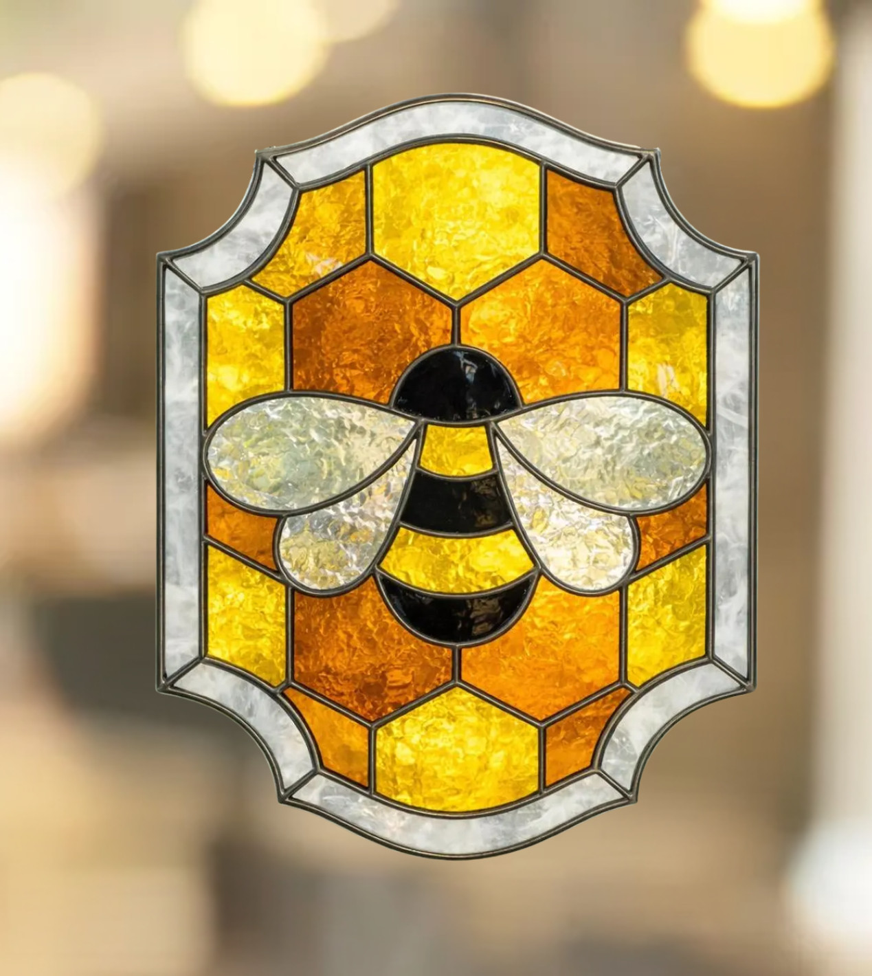 Bee Honeycomb Faux Stained-Glass WINDOW CLING Size 10.2" Vinyl
