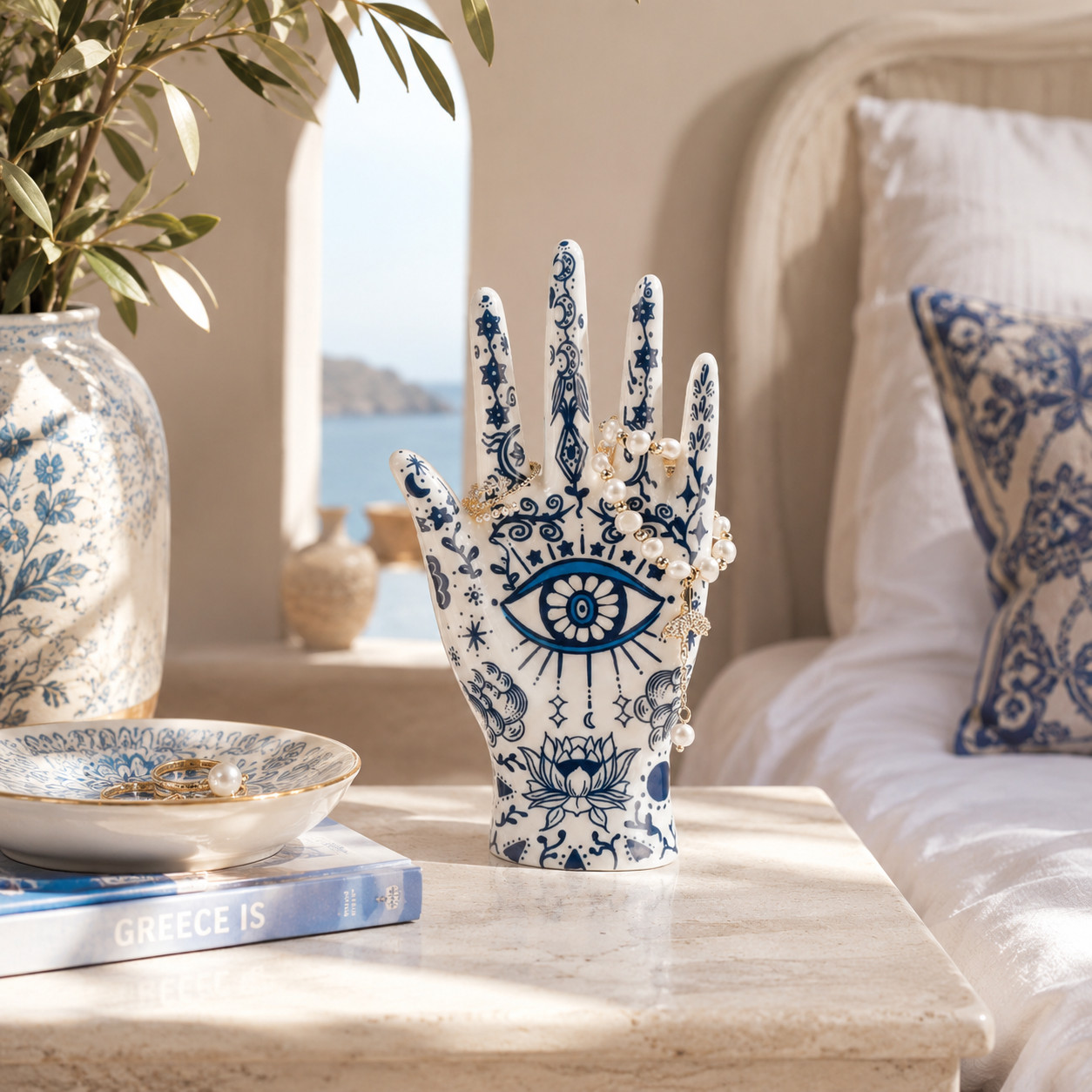 Ceramic Evil Eye Hand Jewelry Display Stand Blue & White Ring Bracelet Holder