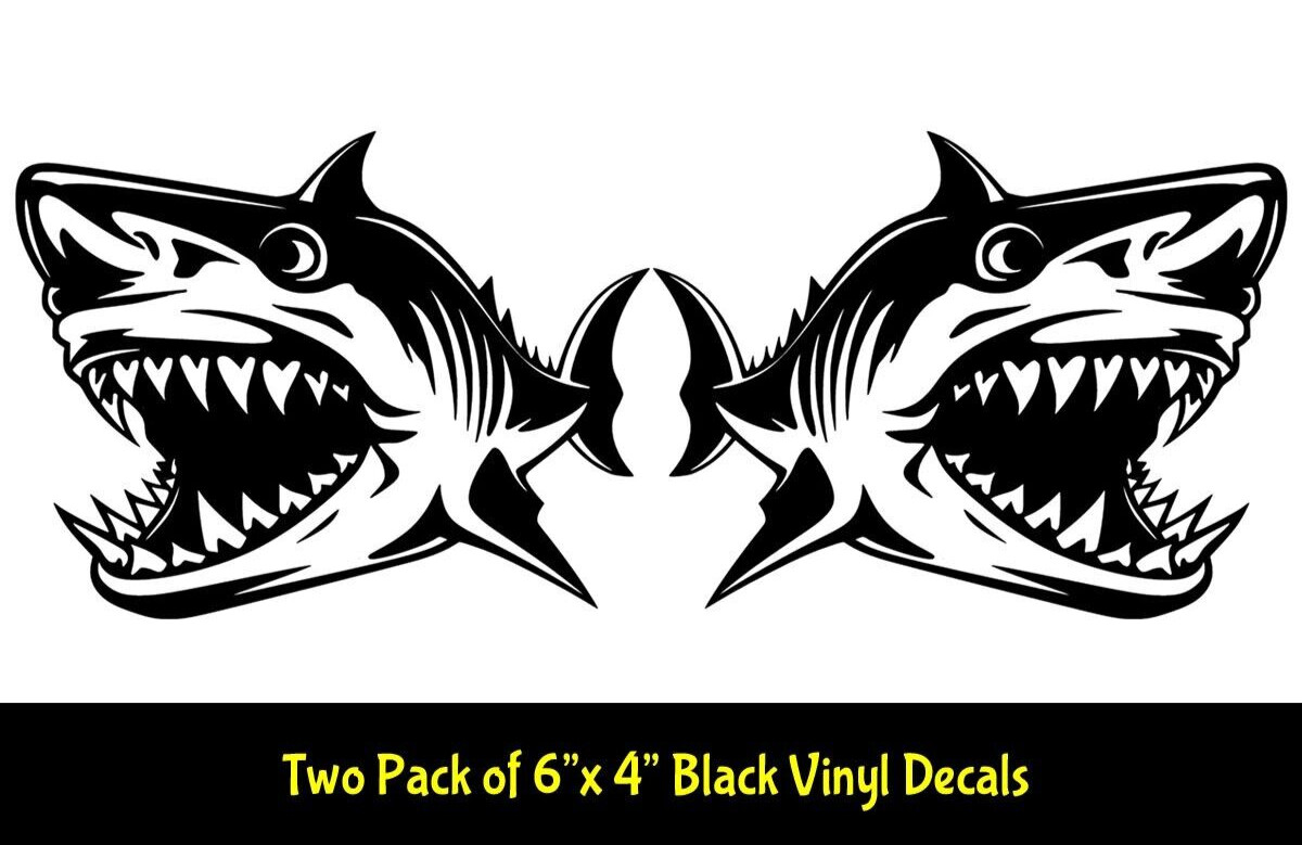 Angry Shark Two Pack of 6" Black Vinyl Decals Car Truck Boat Trailer Canoe