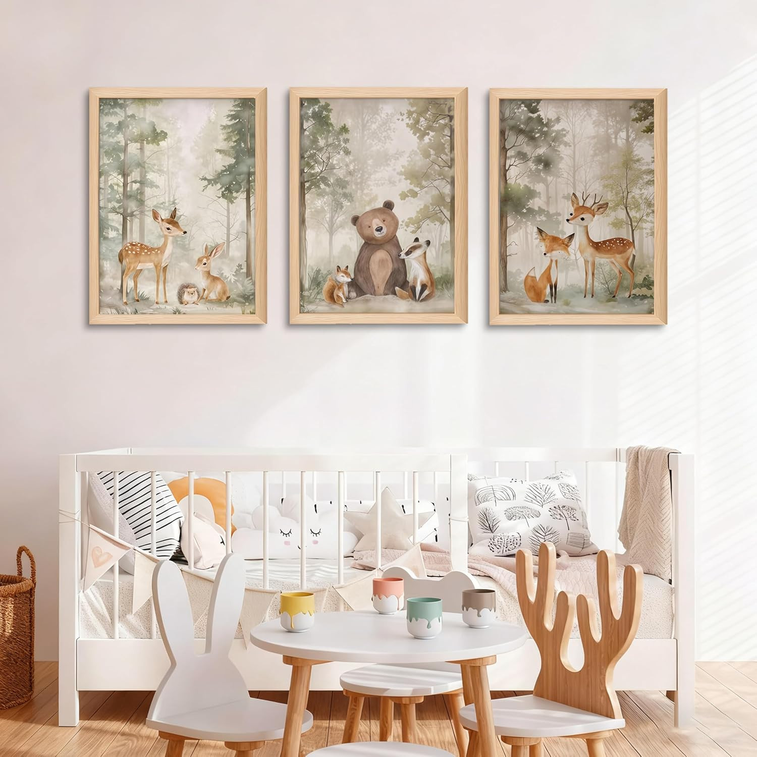 Framed Woodland Wall Art Set of 3, Wild Animals Nursery Wall Decor, Cute Bear Fo