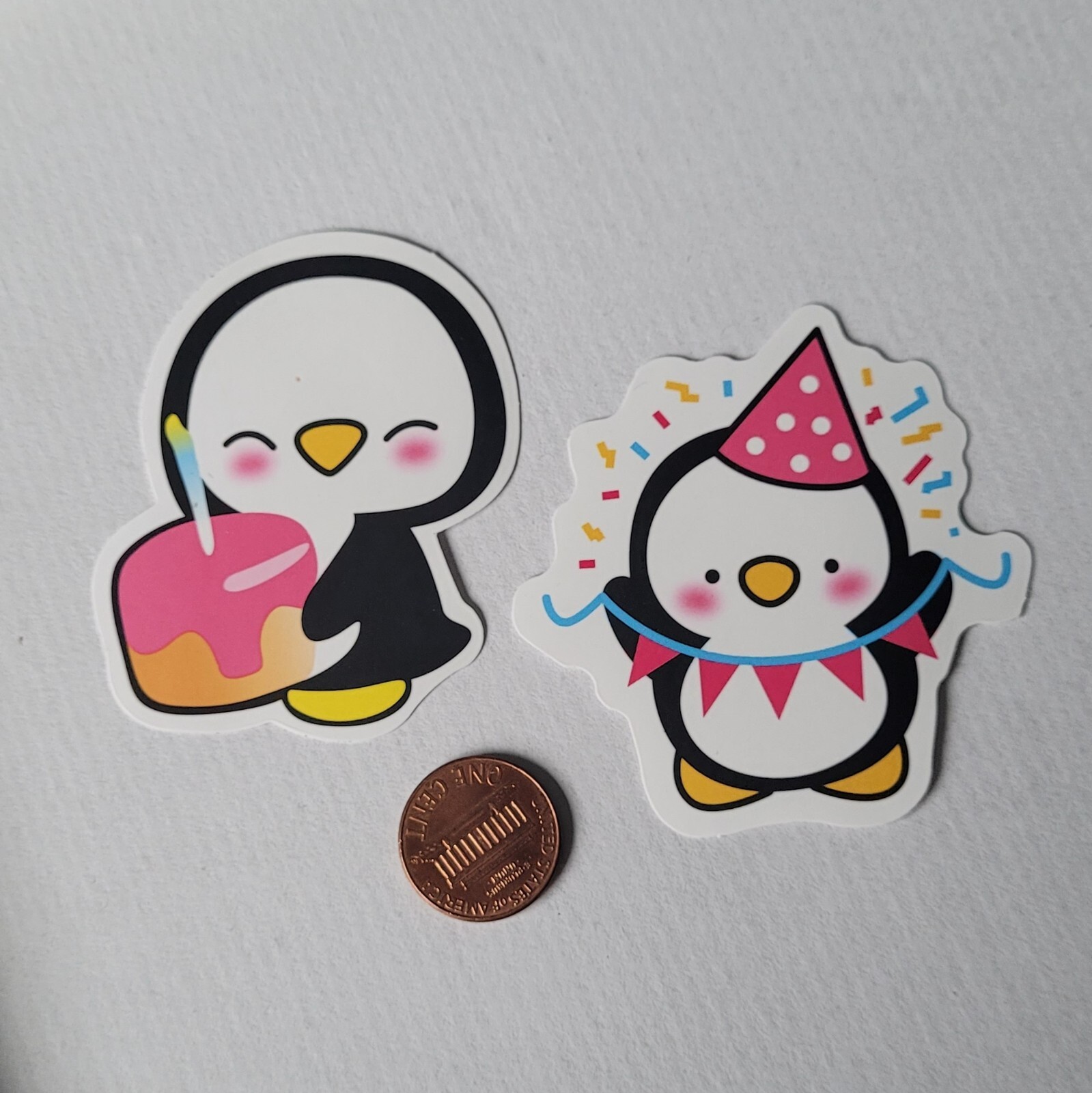 Happy Birthday Vinyl Sticker set of 2 cute Penguin party cake celebrate