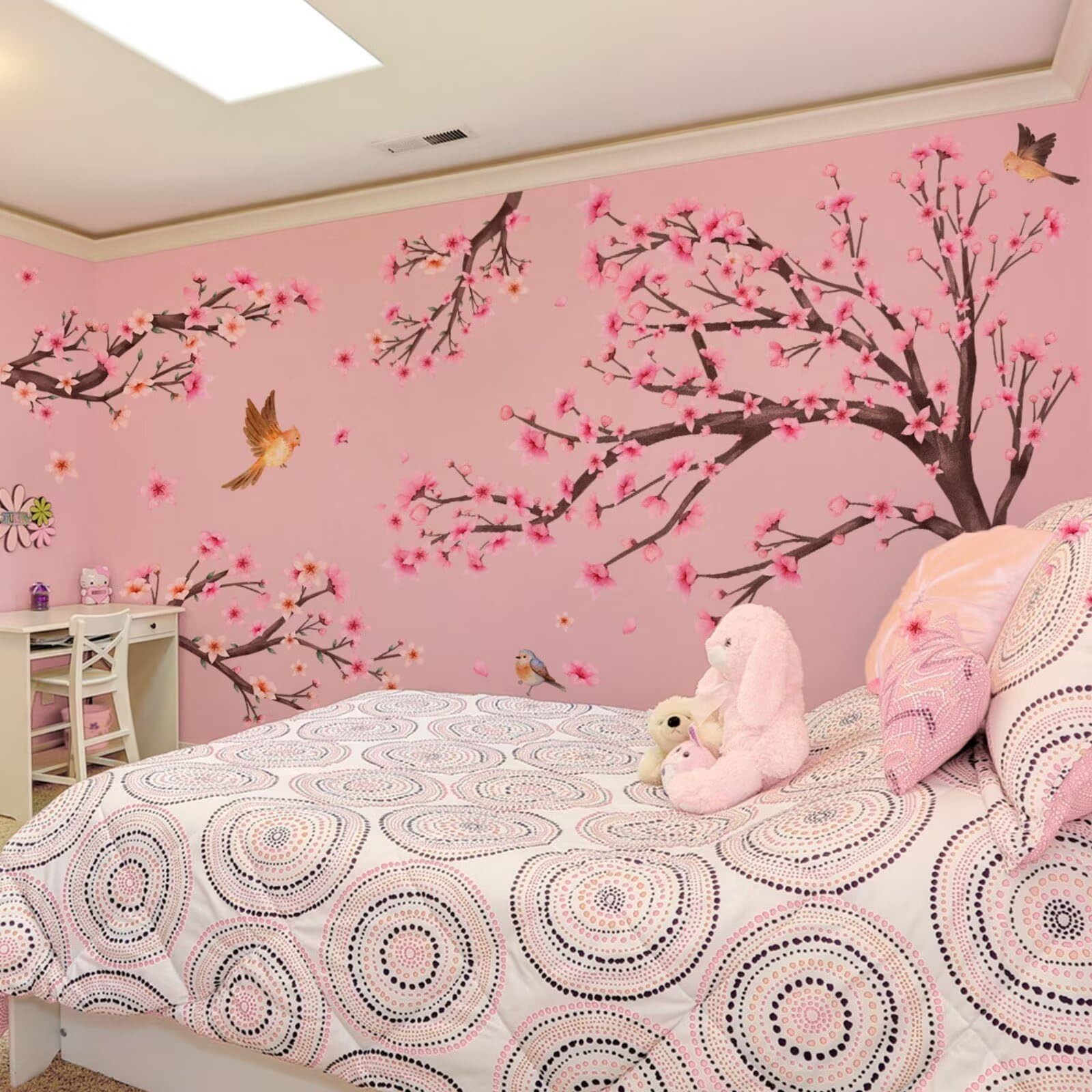 Large Cherry Blossom Tree Floral Wall Stickers Pink Flower Tree Branch Birds …