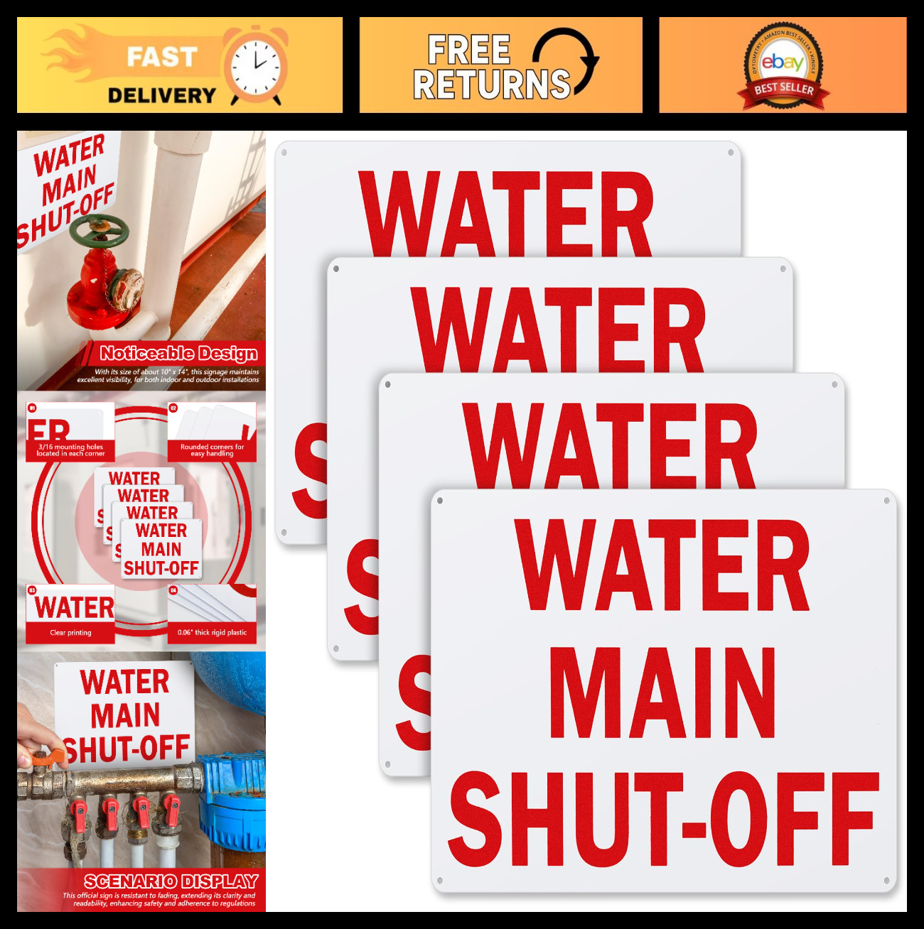 4 Pcs Water Shut Off Sign 10"x14" – Indoor Outdoor Safety Caution Notice