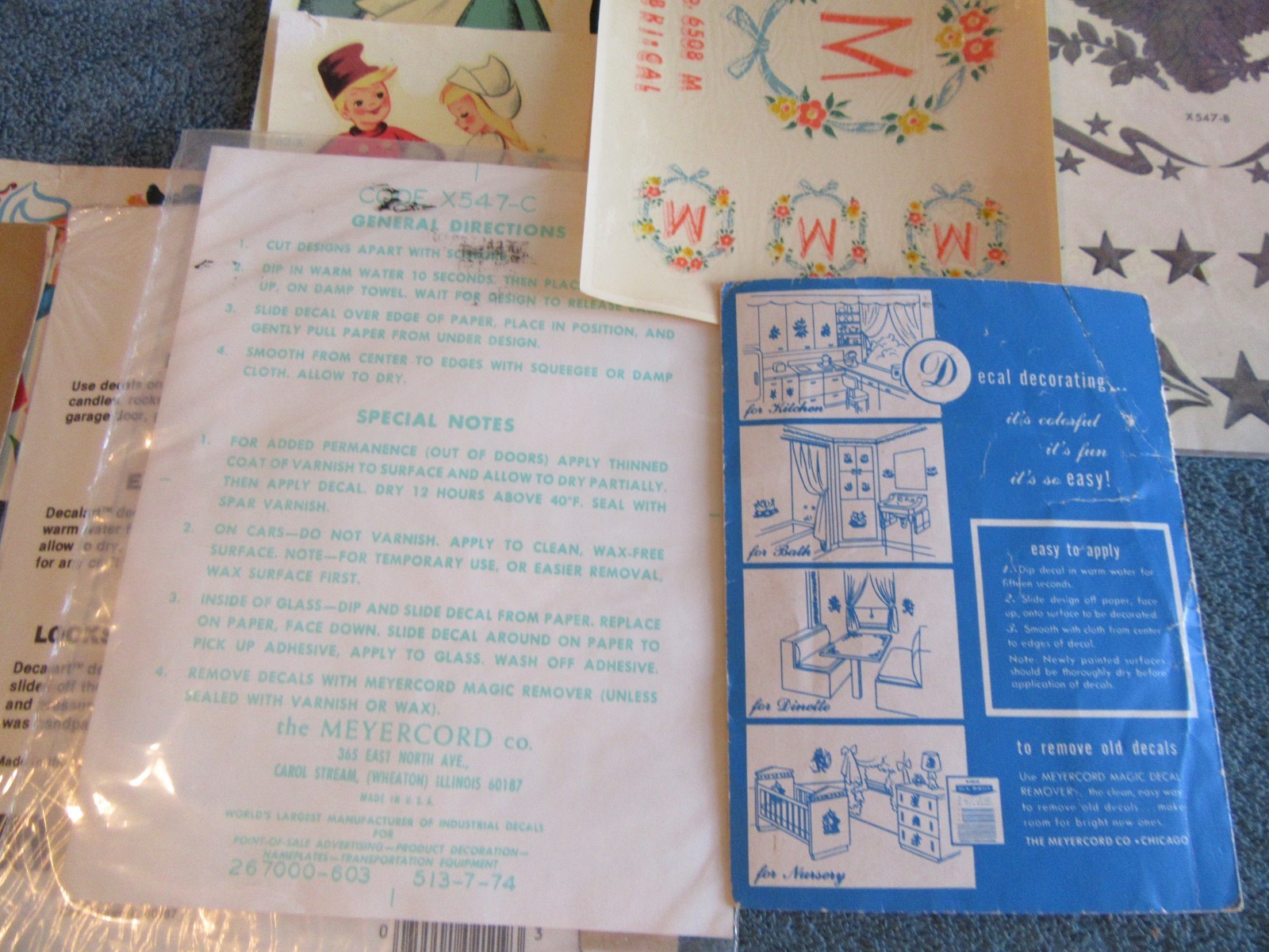 15 Meyercord decal transfer art eagle dutch boy girl M raccoon NEW