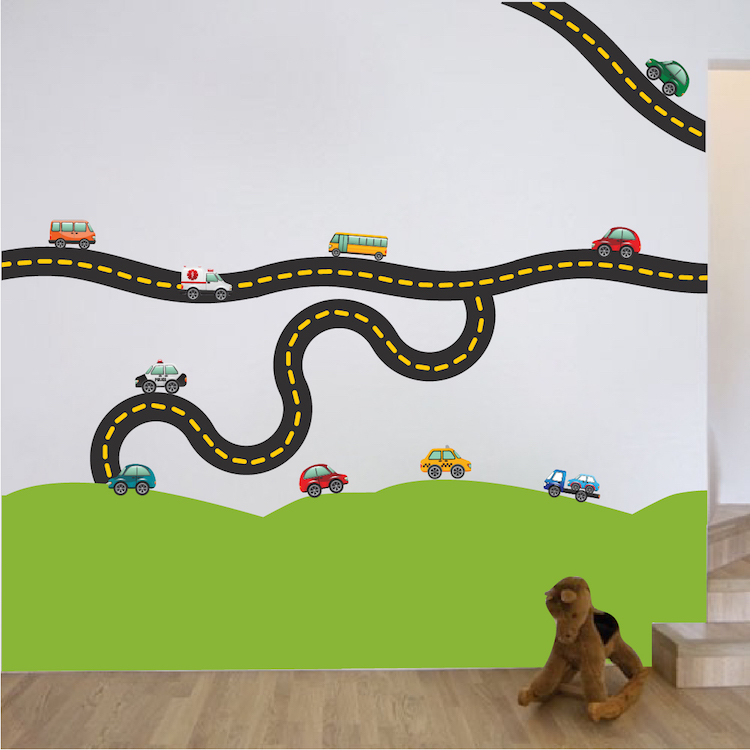 Cars And Racetrack Wall Decal Cartoon Race Track Car Mural Vinyl Hotwheels, b41