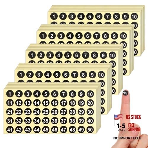 Number Stickers, 50 Sheets Black Consecutive Round Labels, 0.4 2500 Pcs 1 to 50