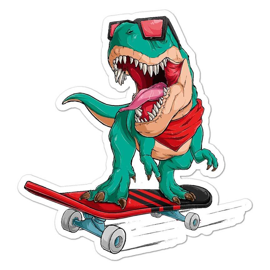 T-Rex Skateboard, Vinyl Decal Sticker, Indoor Outdoor, 3 Sizes, #8125