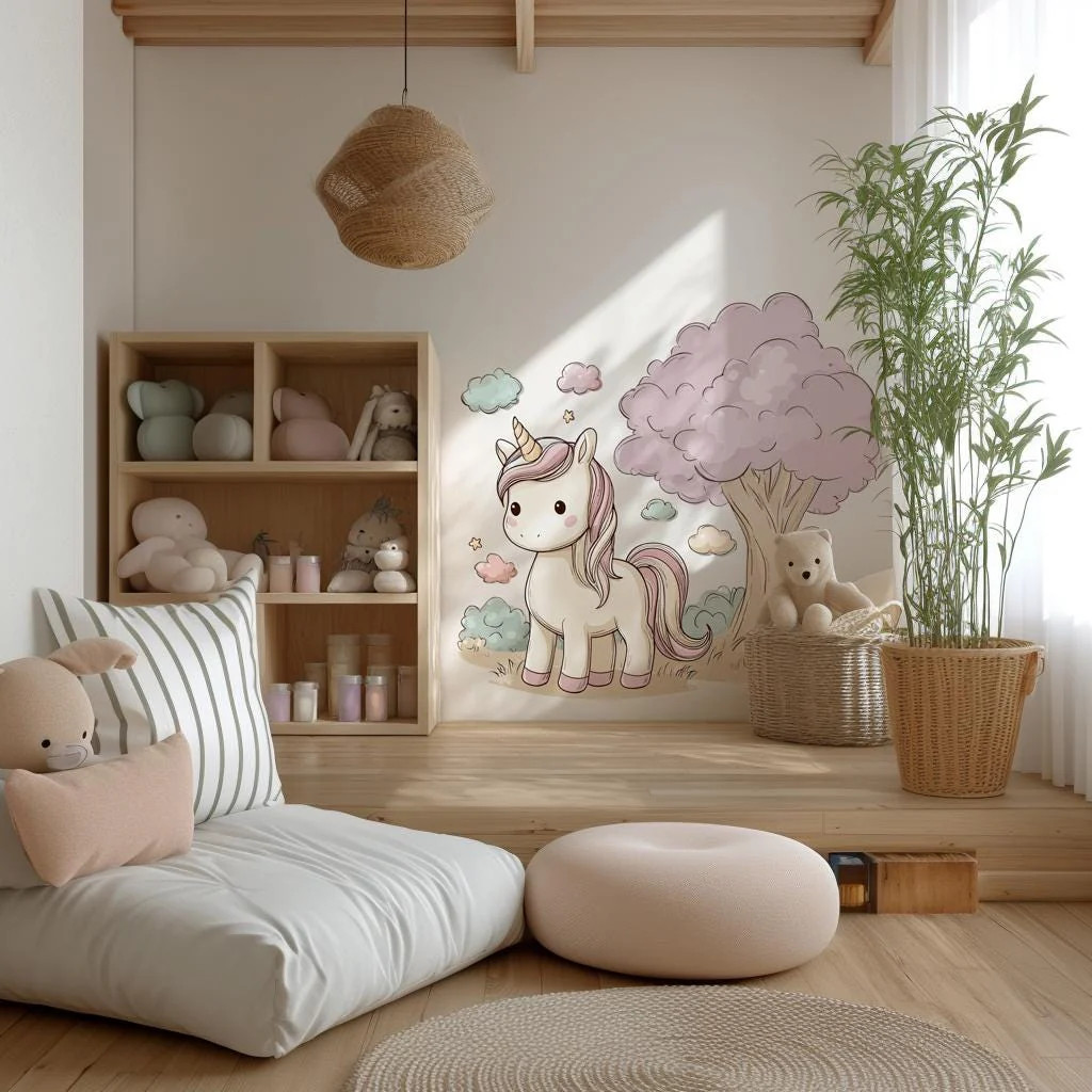 Cute Unicorn Wall Decal | Pastel Cartoon Unicorn Wall Sticker for Girls'