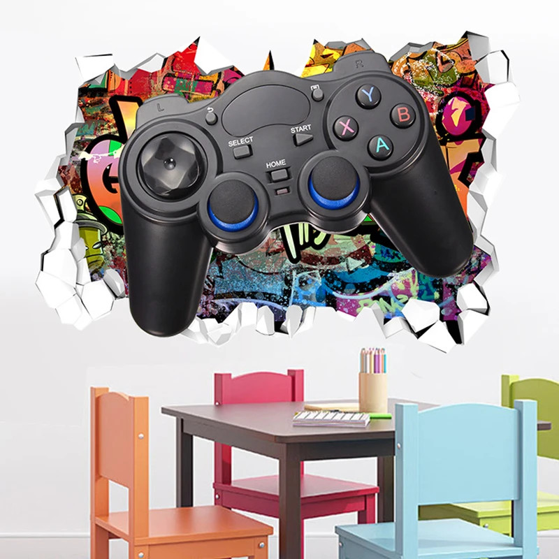 3D Broken Wall Gaming Controller Vinyl Sticker Kids Room Boy Bedroom Decor