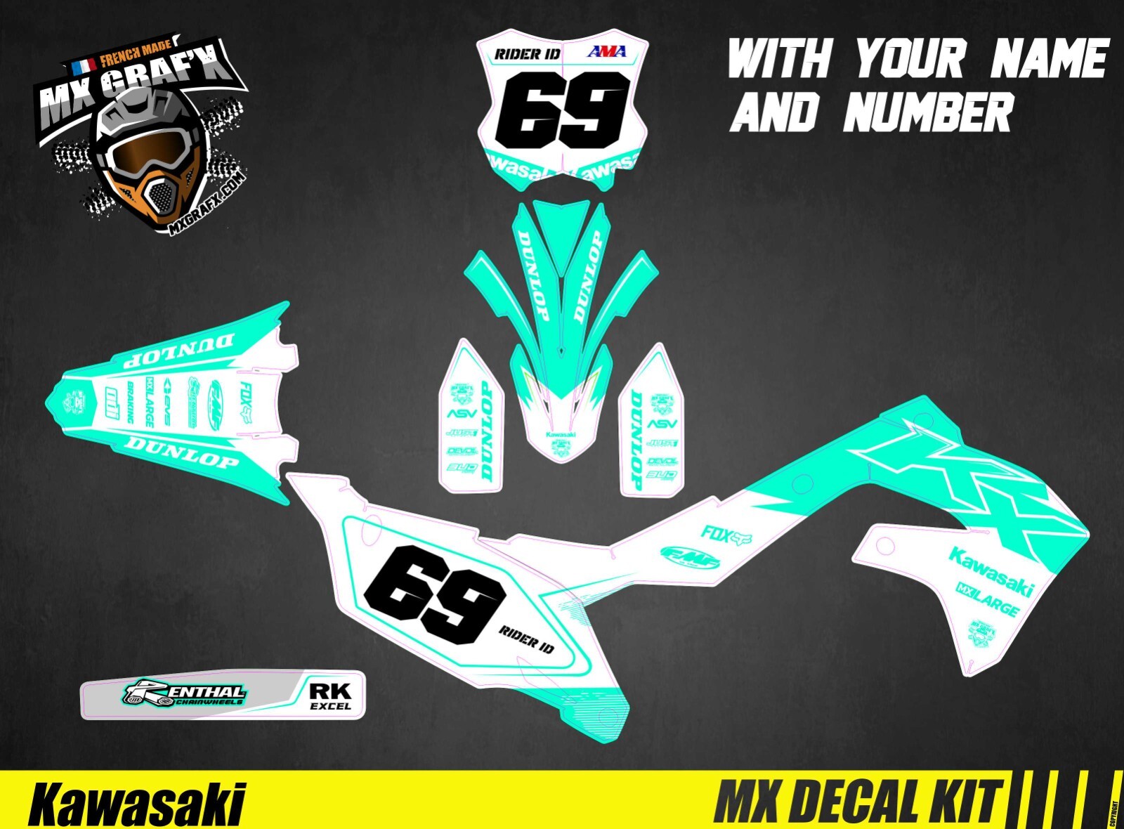 Motorcycle Decal Kit For Kawasaki KXF – White & Aqua