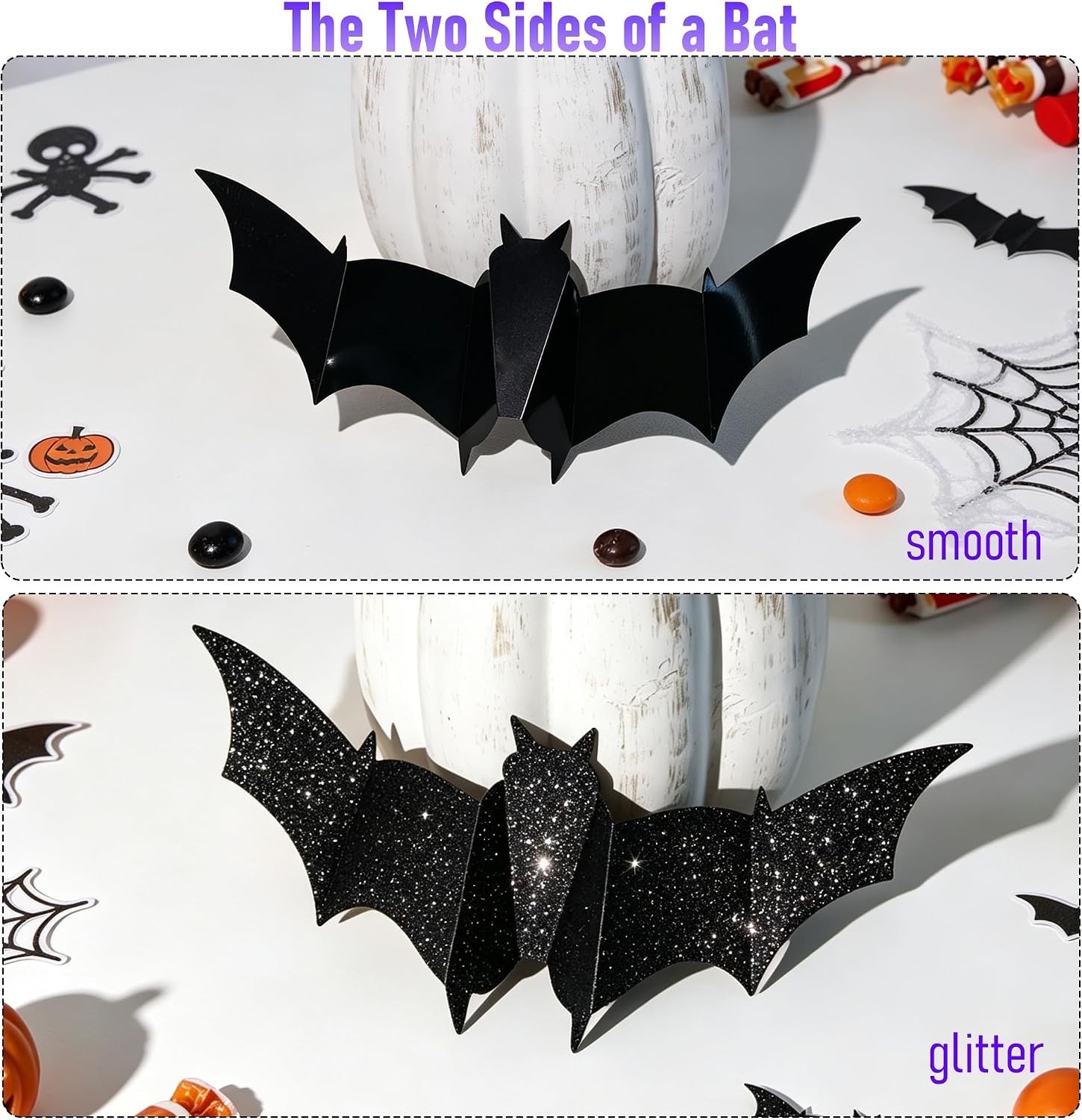 Eerie 40-Piece Halloween Bat Wall Stickers – 3D Glow with Orange & Purple Lights