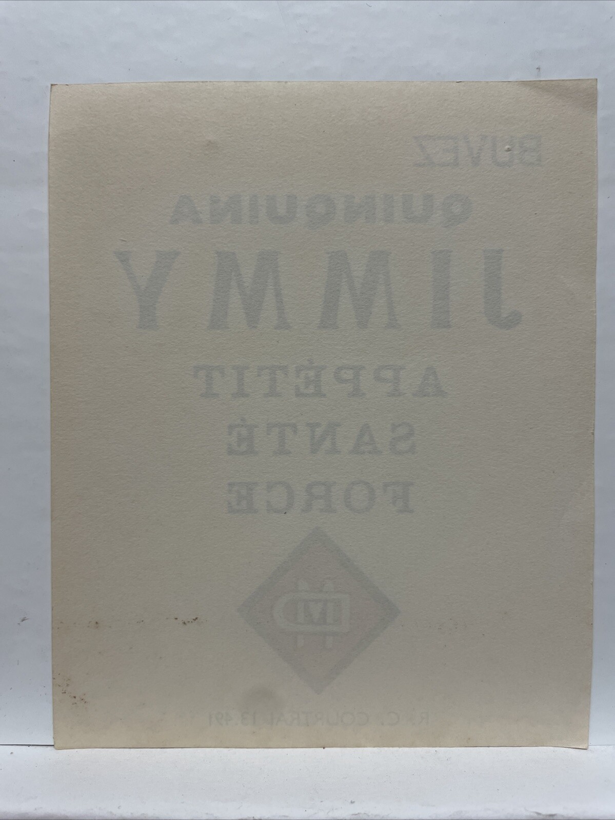 Buvez Quinquina Jimmy Appétit Santé Force MD 1920s/30s Vintage Label – France