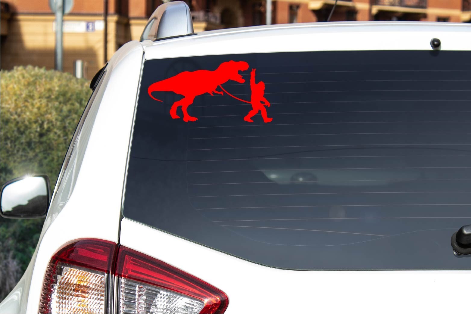 Bigfoot Walking T-Rex Peace Sign Dinosaur Decal Sticker Leash Believe Sasquatch