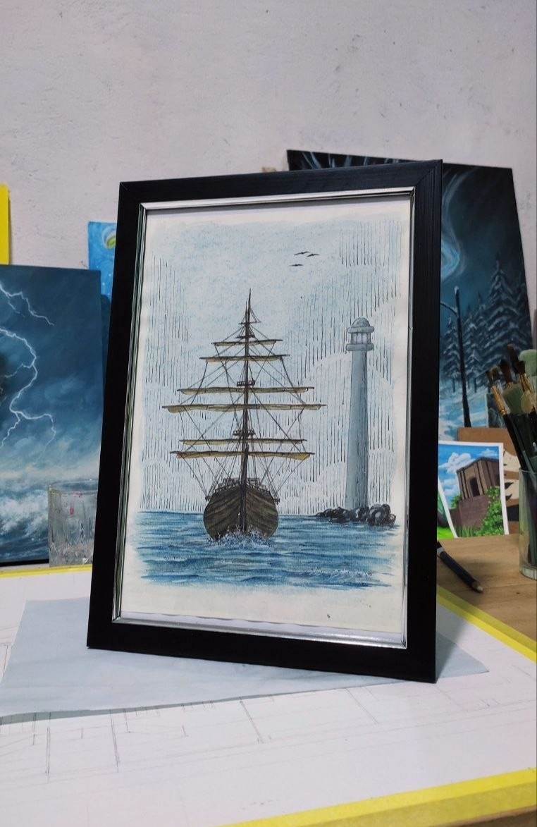 Original Watercolor Painting Ship Lighthouse Framed Nautical Wall Art Handpaint