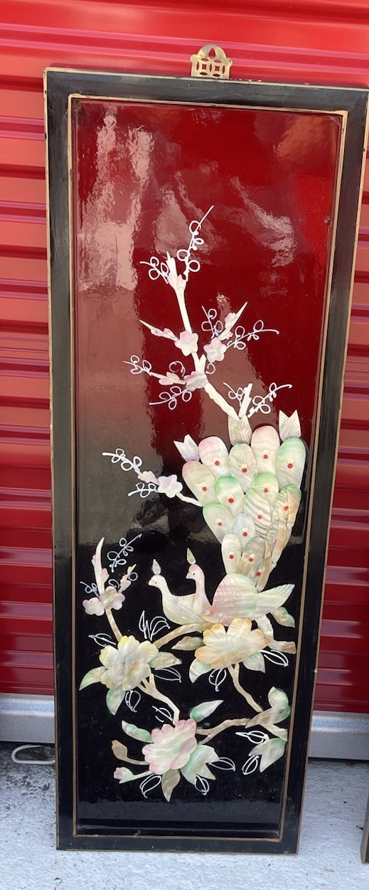 Set of 4 Vintage Mother of Pearl Horse Panels Dark Red Lacquer Asian Wall Art