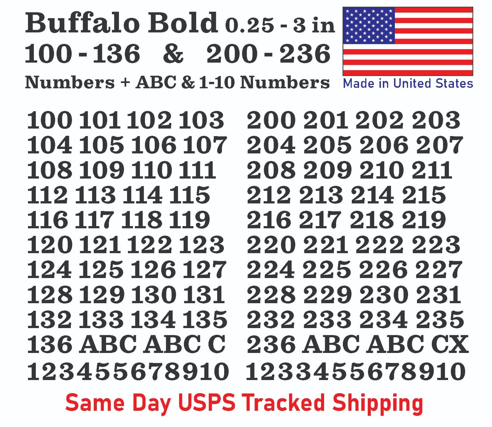 100-136 & 200-236 Vinyl Decal Numbers – Mailbox, Wall, Address, Locker Stickers