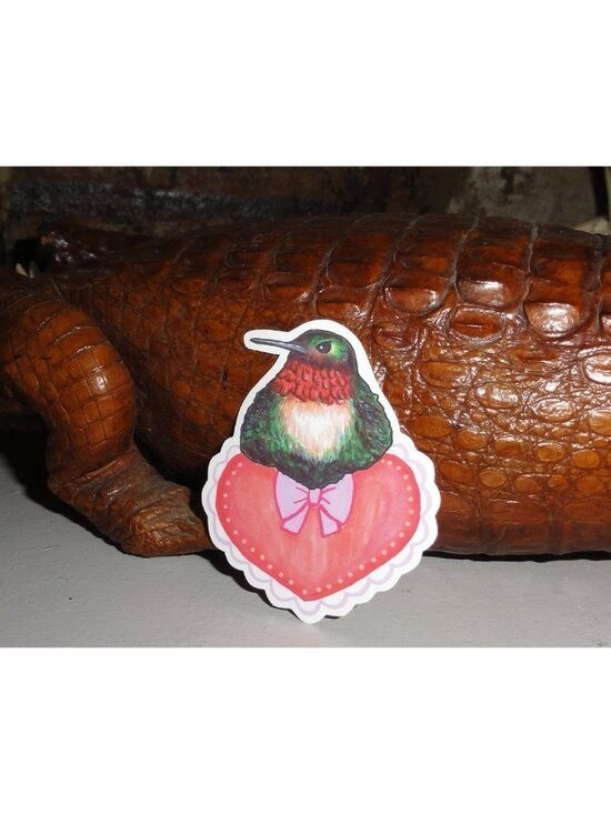 Hummingbird Sitting on a Heart w/ Bow Sticker unique handmade nature art