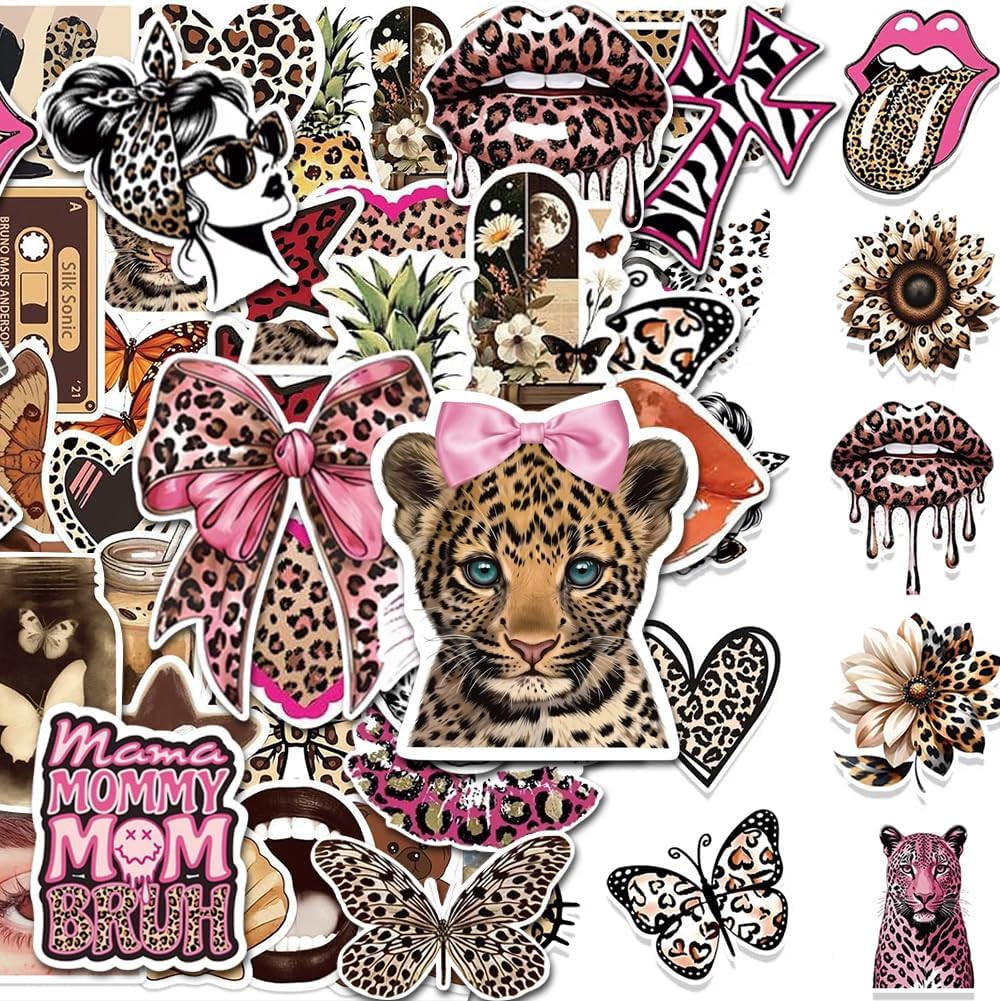 100PCS Leopard Print Stickers Pack – Pink Brown Aesthetic Animal Decals