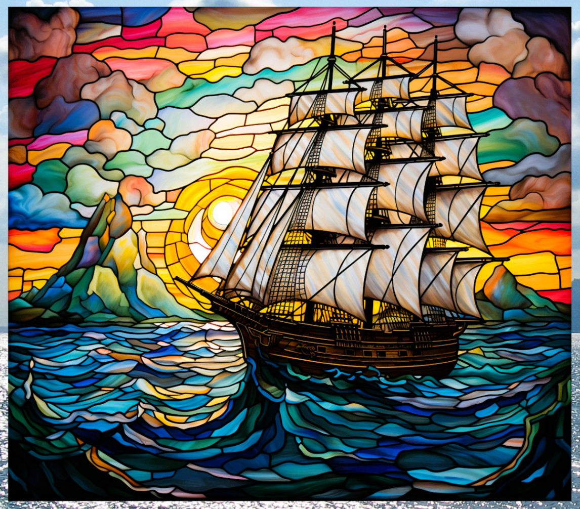 Sailing Ship at Sunset Faux Stained-Glass WINDOW CLING Size 9.1" Vinyl