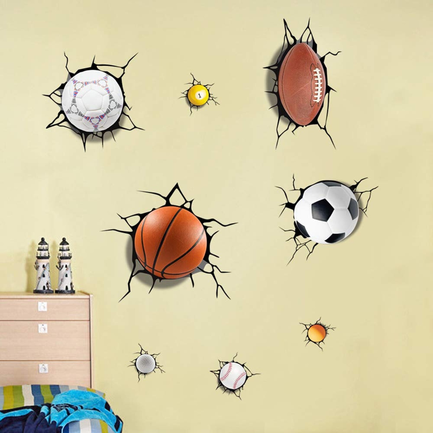 Supzone Sport Balls Wall Decals 3D Wall Stickers Break Through The Wall Remov…