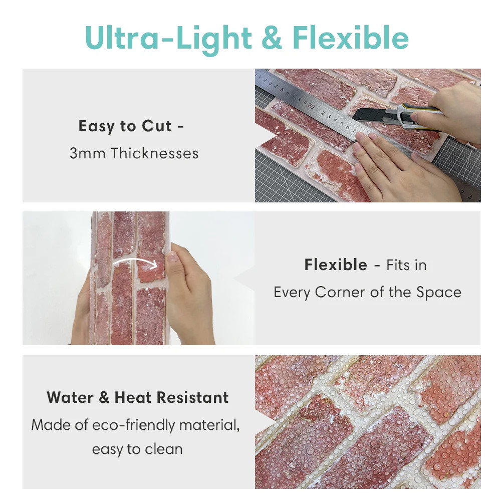 10 Pcs 3D Wall Panels Peel and Stick, 3D Brick Wall Stickers, Adhesive Tile Back
