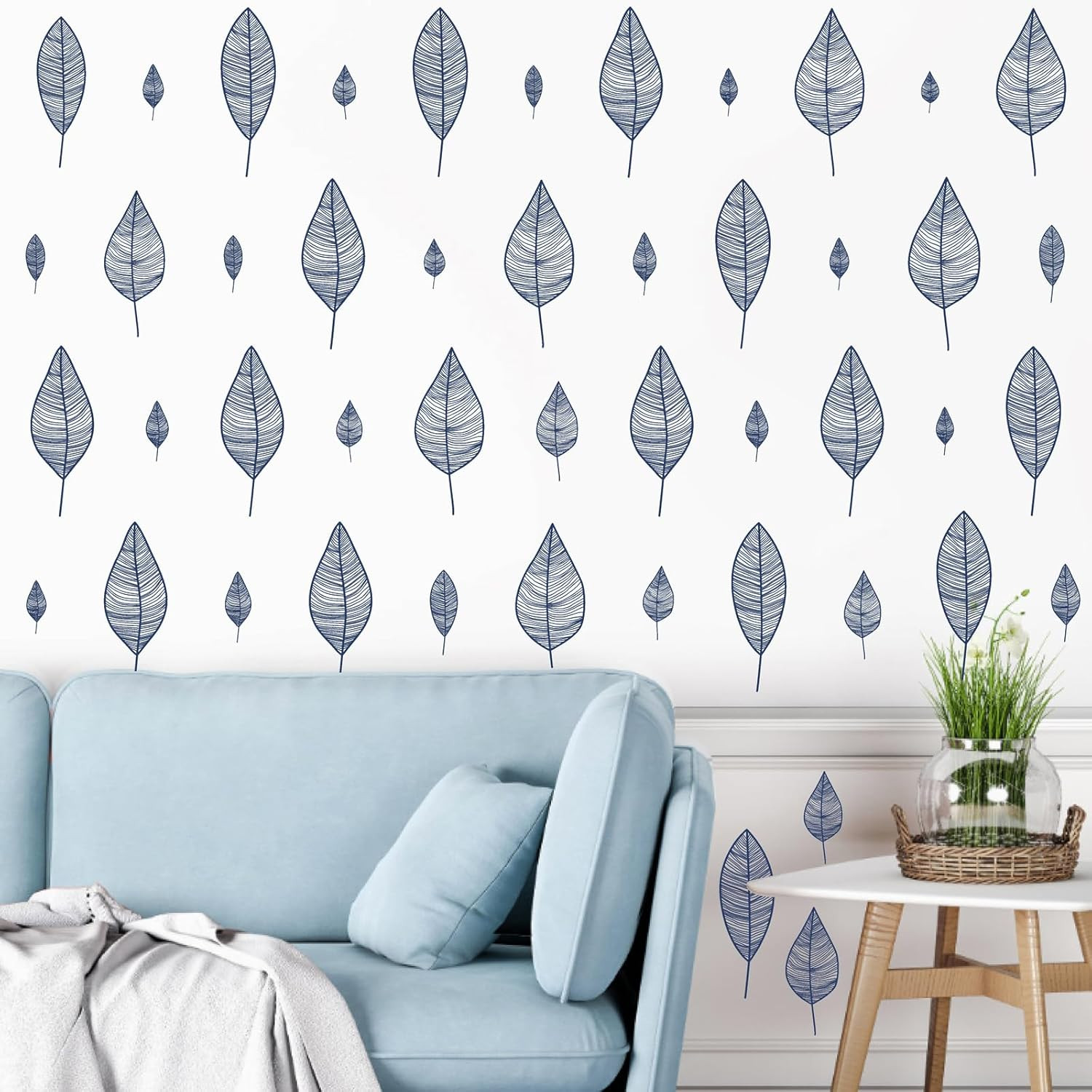 Stripy Leaf Wall Decals Modern Blue Leaf Wall Stickers Tree Leaves Wall Decals P