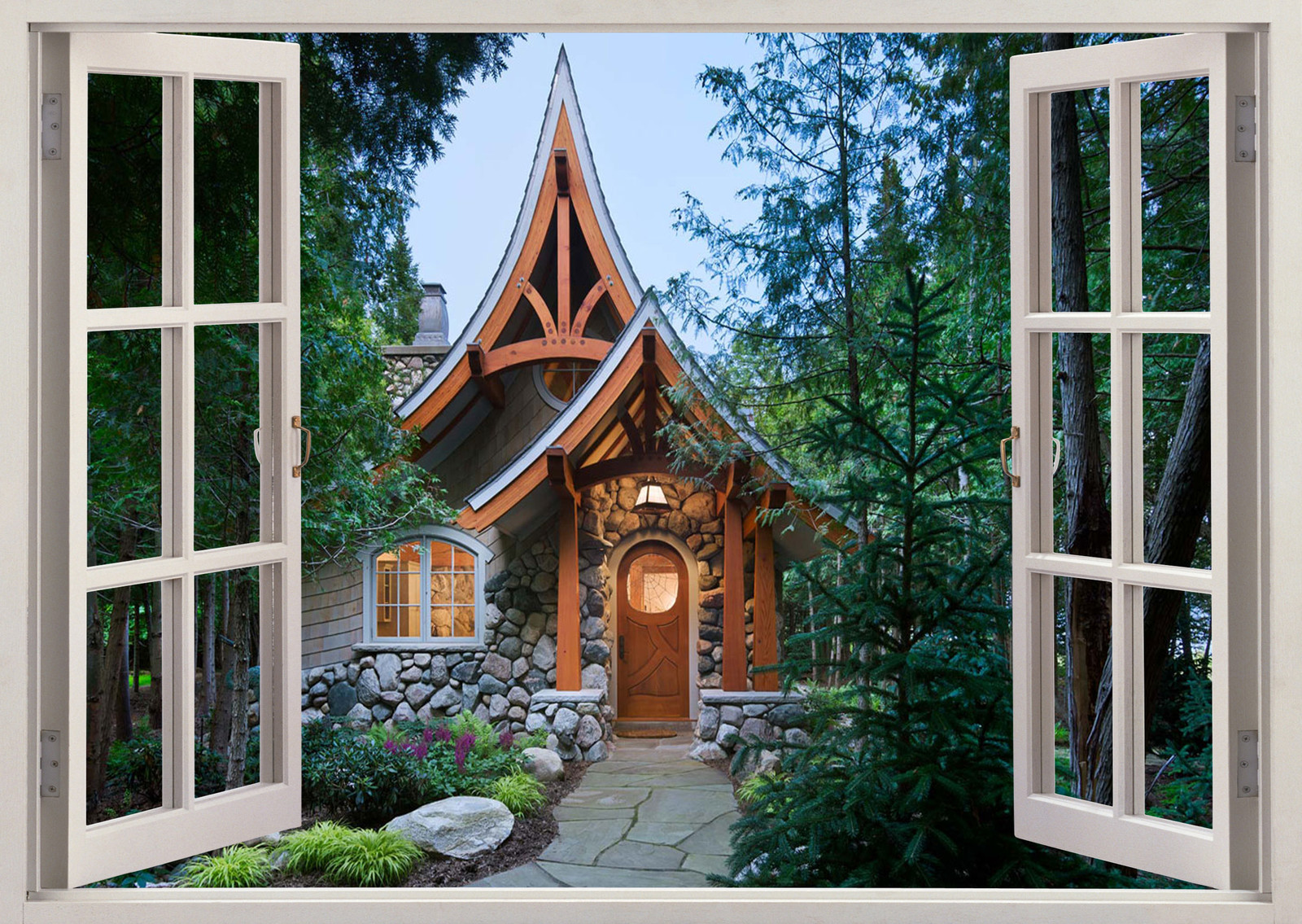 Cottage Hobbit Jungle Scene Trees 3D Effect View Window Sticker Vinyl Poster 382