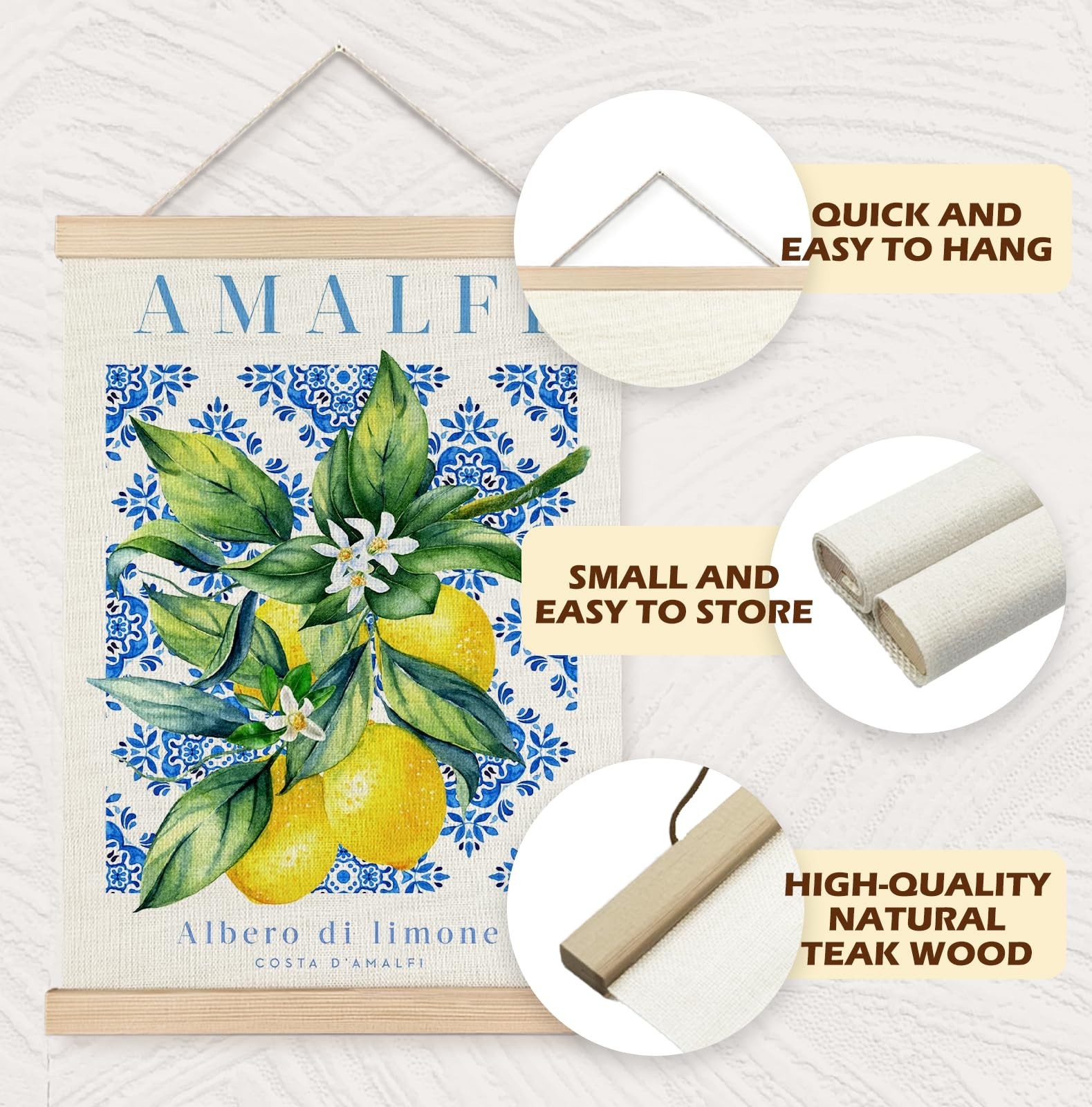 Yomisex Italian Amalfi Coast Lemon Wall Art Poster, Blue and White Floral Med…