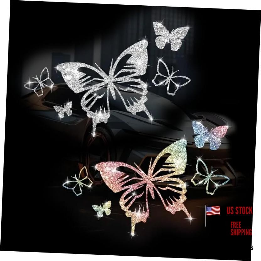 2PCS Sparkling Heart Butterflies Self-Adhesive PVC Rainbow Glittery Decal