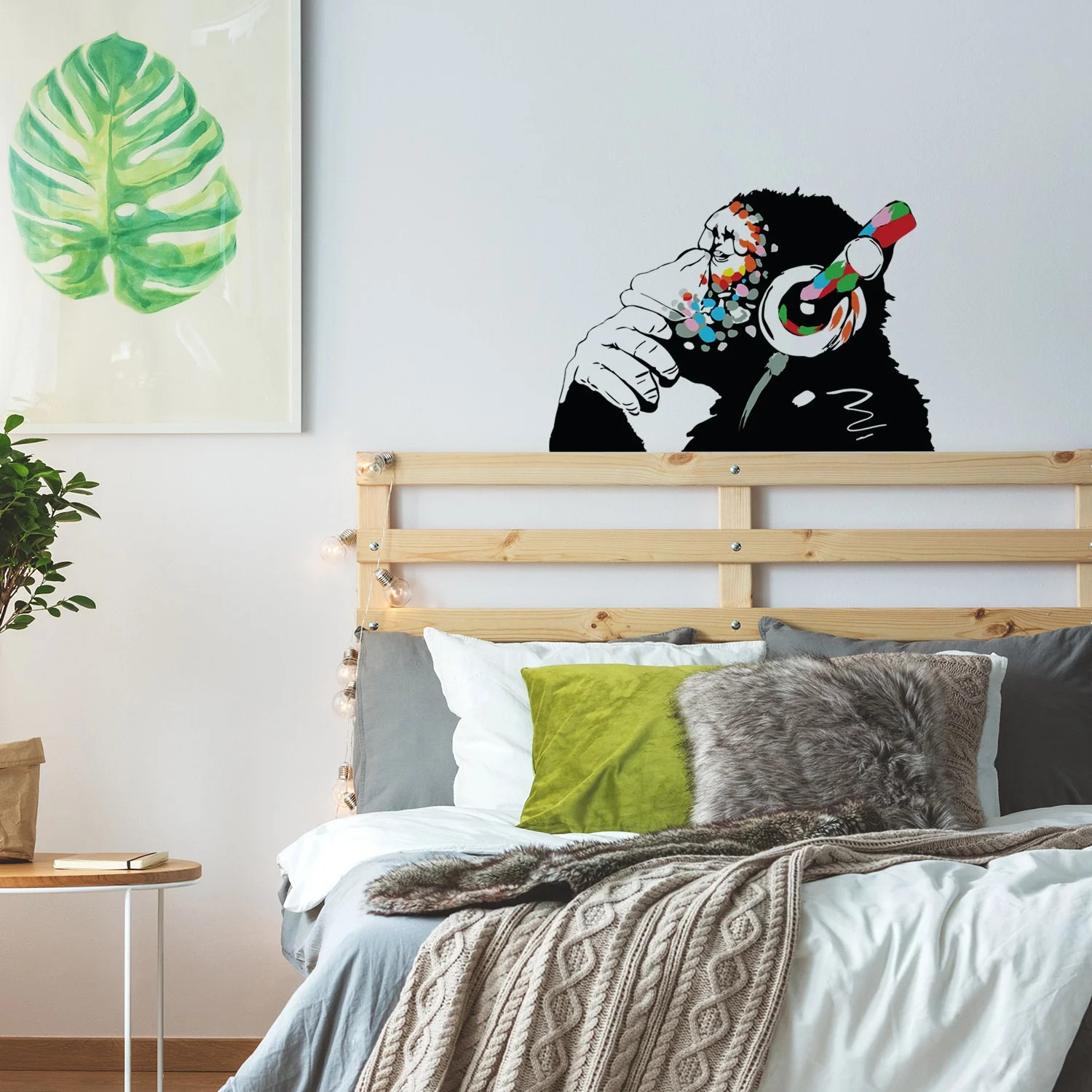 Artist Monkey With Headphones Wall Sticker – Large Bansky Thinking Dj Chimp