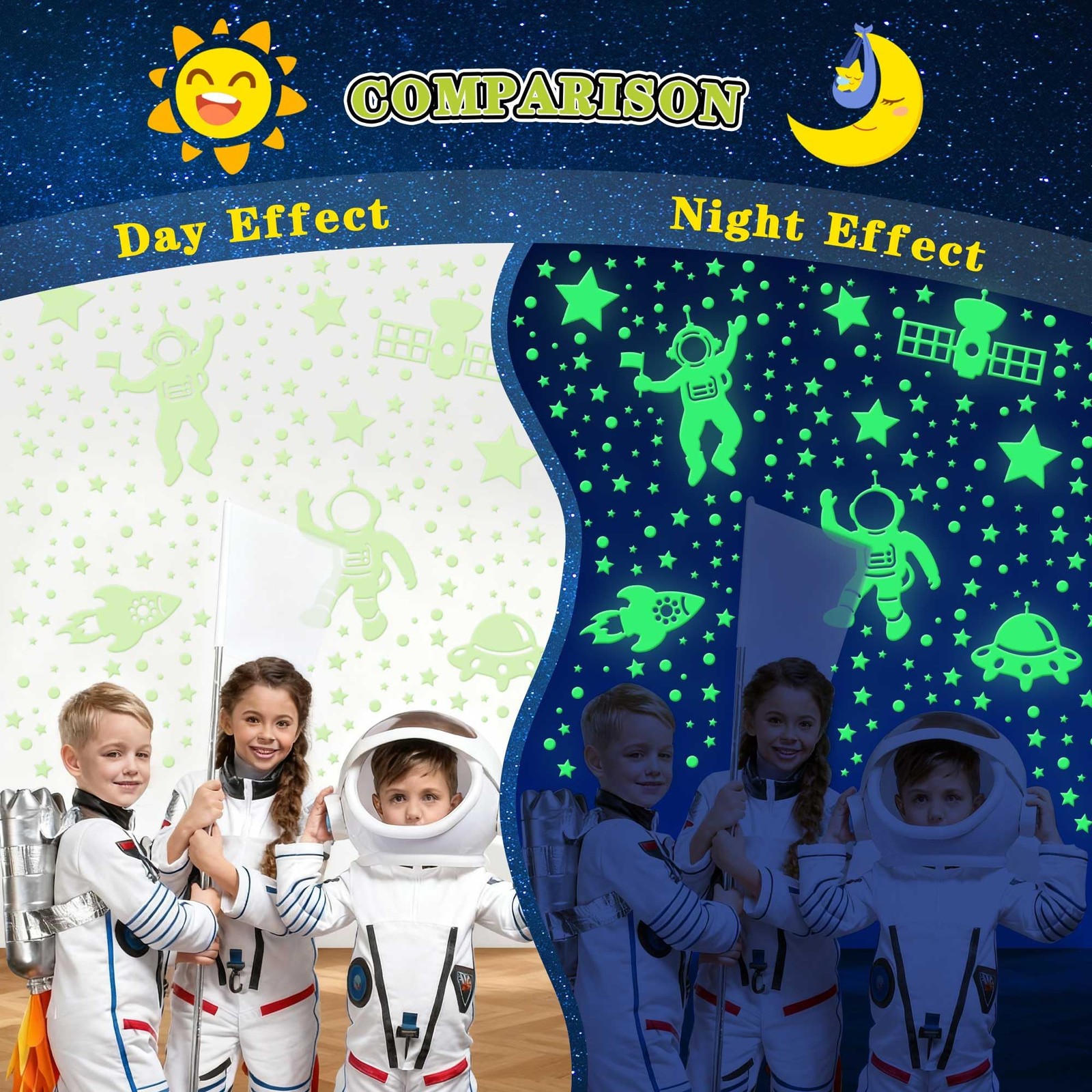 556PCS Glow Dark Stars Ceiling 3D Space Galaxy Stickers Astronaut Rocket Planet