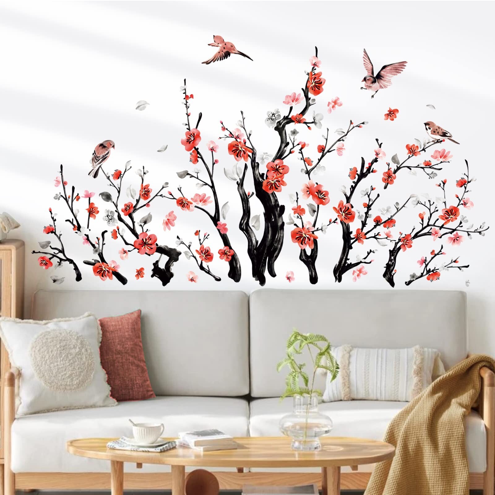 wondever Watercolor Flower Tree Branch Wall Stickers Blossom Red Floral Birds…