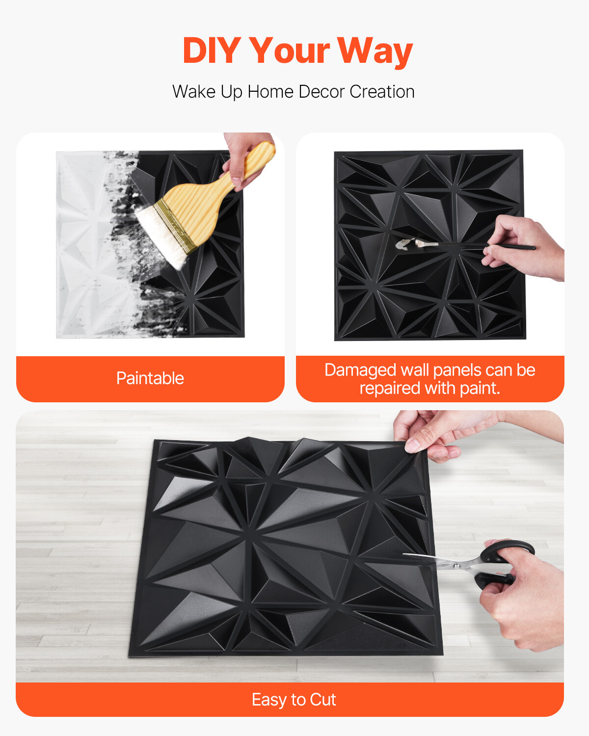 3D Wall Panels 33-Pack 11.81 x 11.81" PVC 32 Sq.Ft Coverage Diamond Matte Black