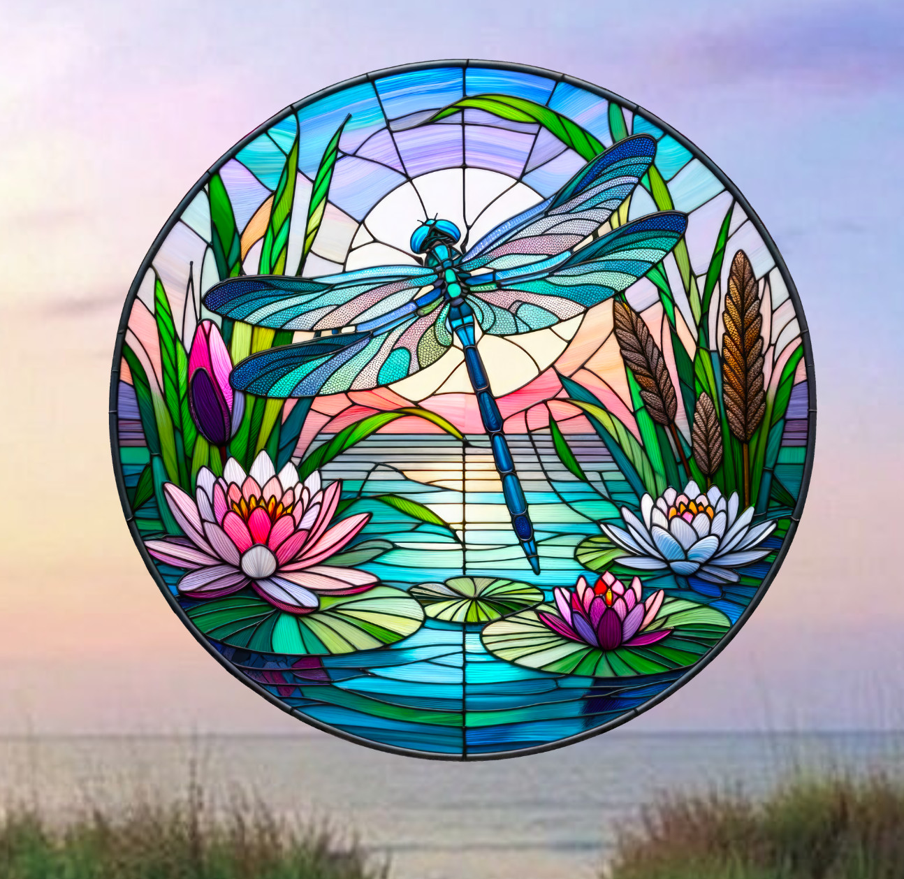 Dragonfly Water Lily Faux Stained-Glass WINDOW CLING Sun-catcher Size 8" Round