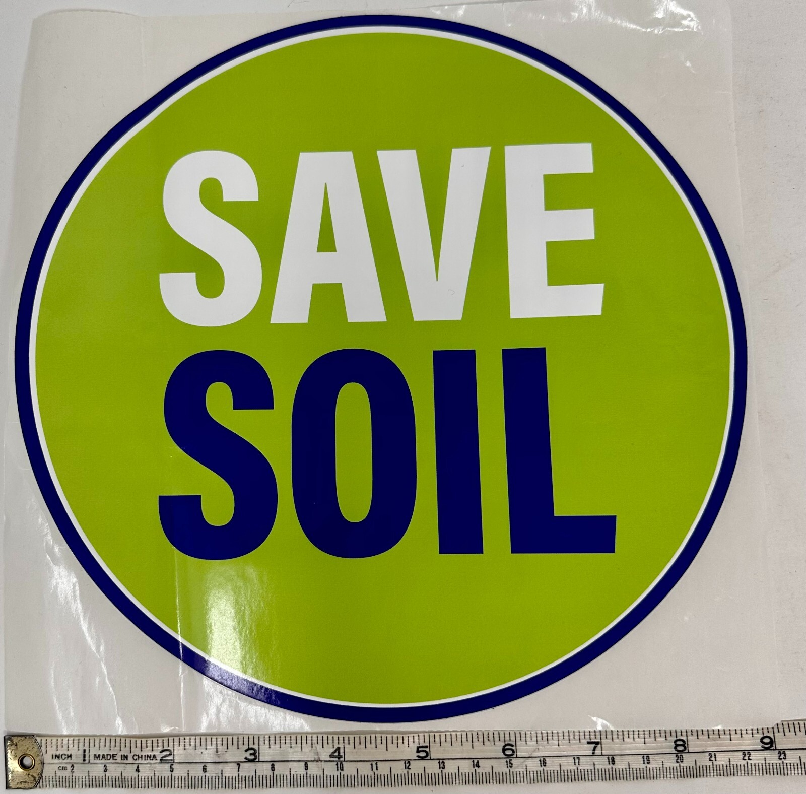New large Save Soil Sticker measures 8.5 x 8.5 inches.